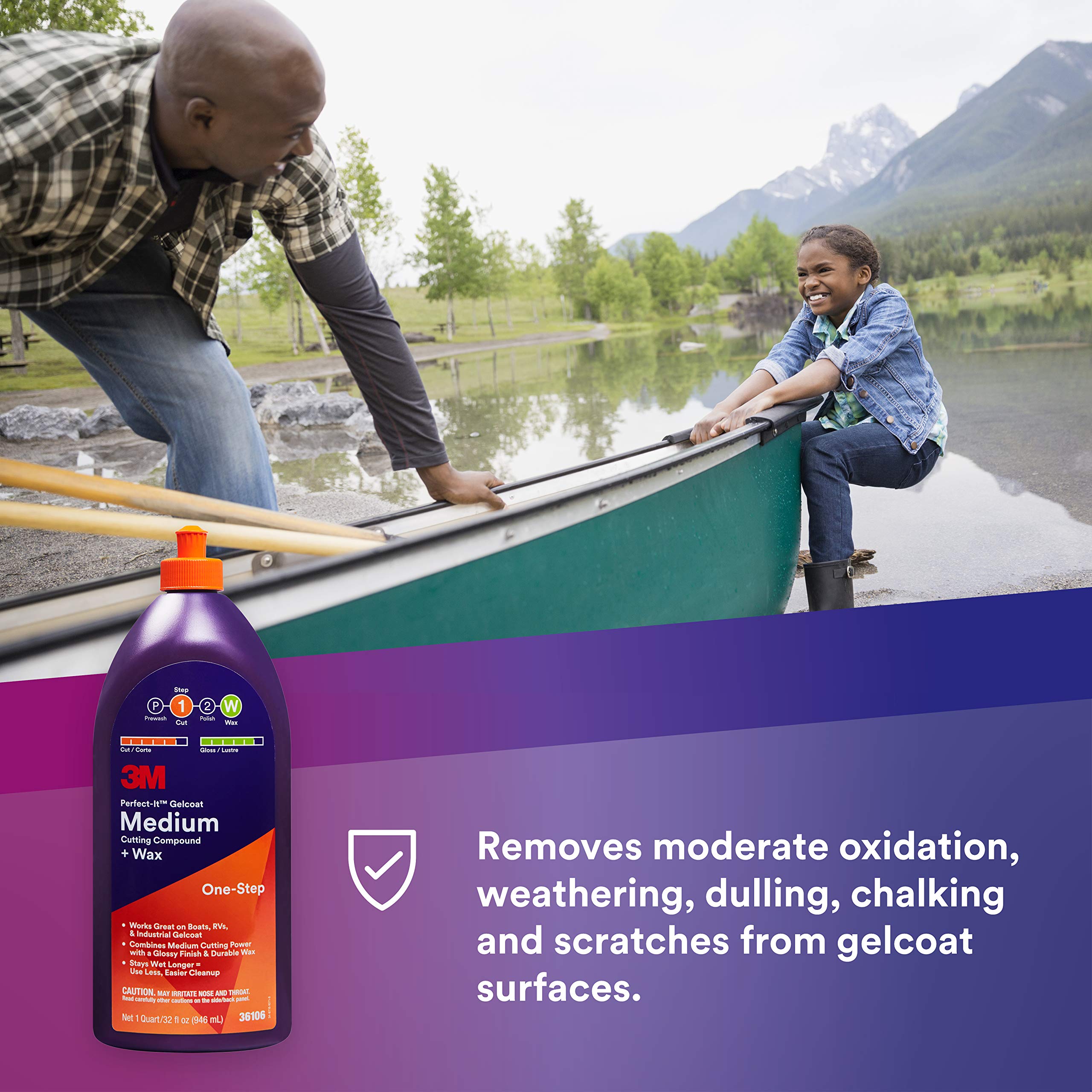 3M Perfect-It Gelcoat Medium Cutting Compound + Wax, 36106, 1 Quart, One-Step Process, P1500 and Finer Scratches, Fiberglass Oxi