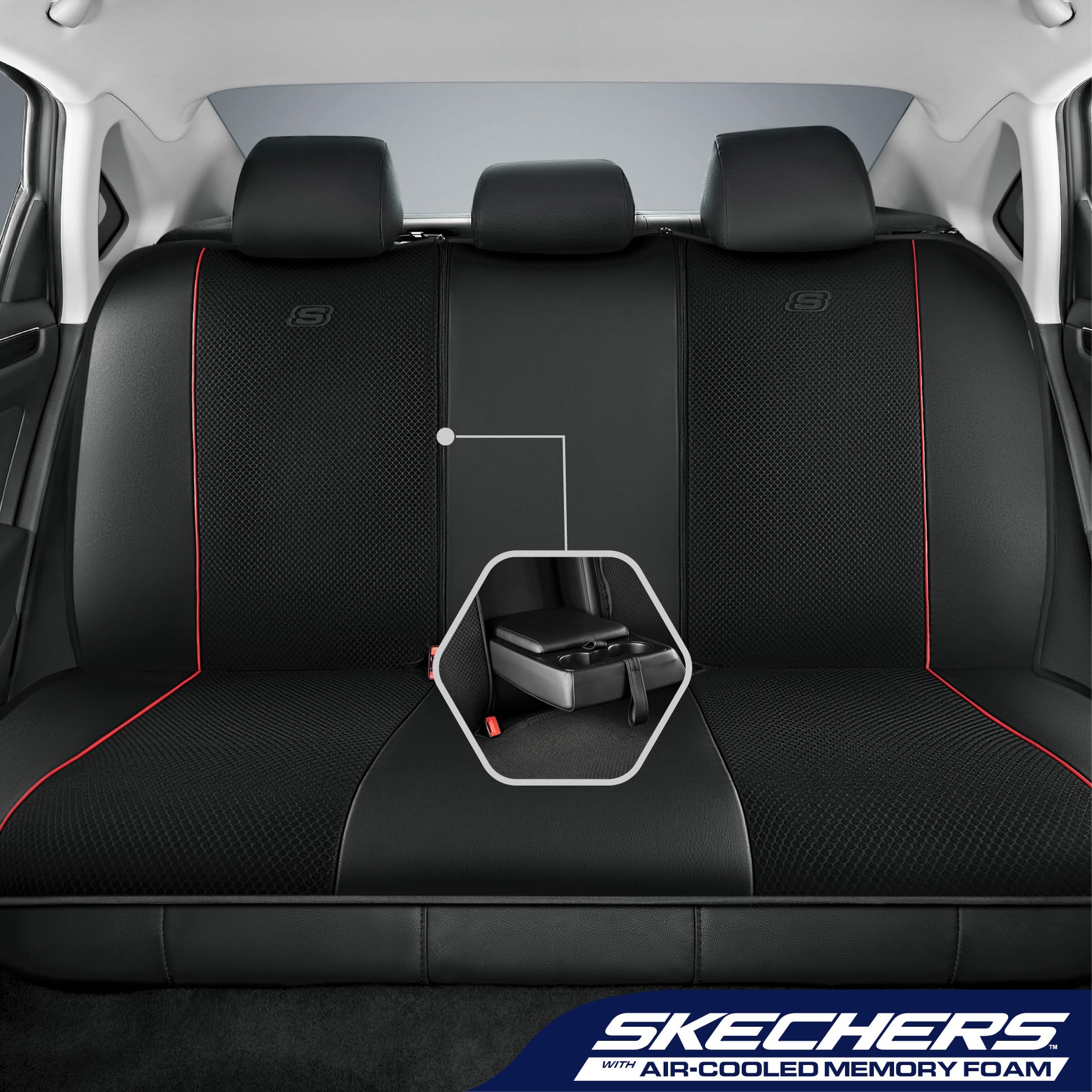 Skechers Memory Foam Seat Covers,Air Cool Mesh Thick Car Seat Covers,Piping Leather Car Seat Protector Full Set,Airbag Compatibl