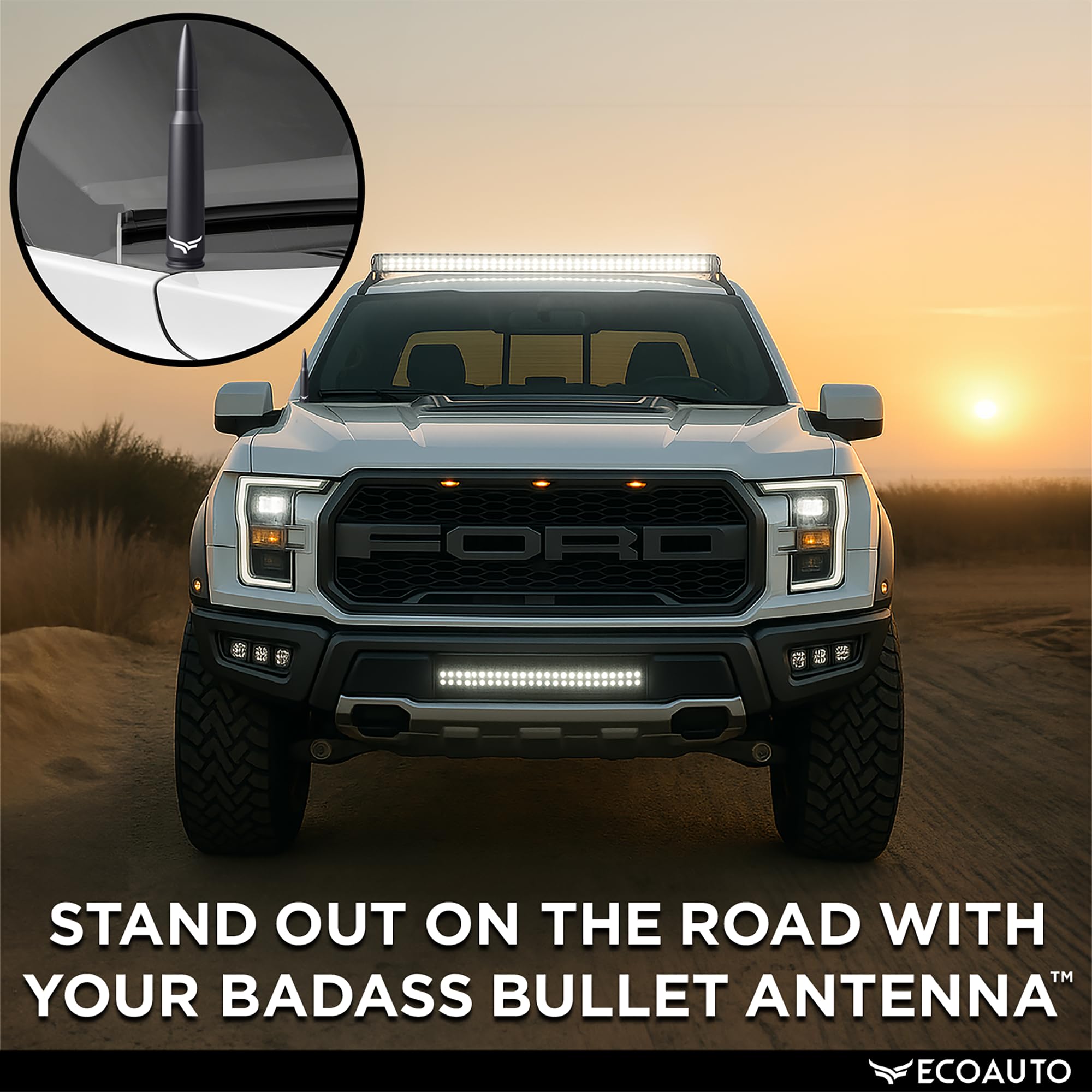 EcoAuto Bullet Antenna for Dodge RAM & Ford F150/F250/F350 - Anti-Theft, Short Replacement, Matte Black