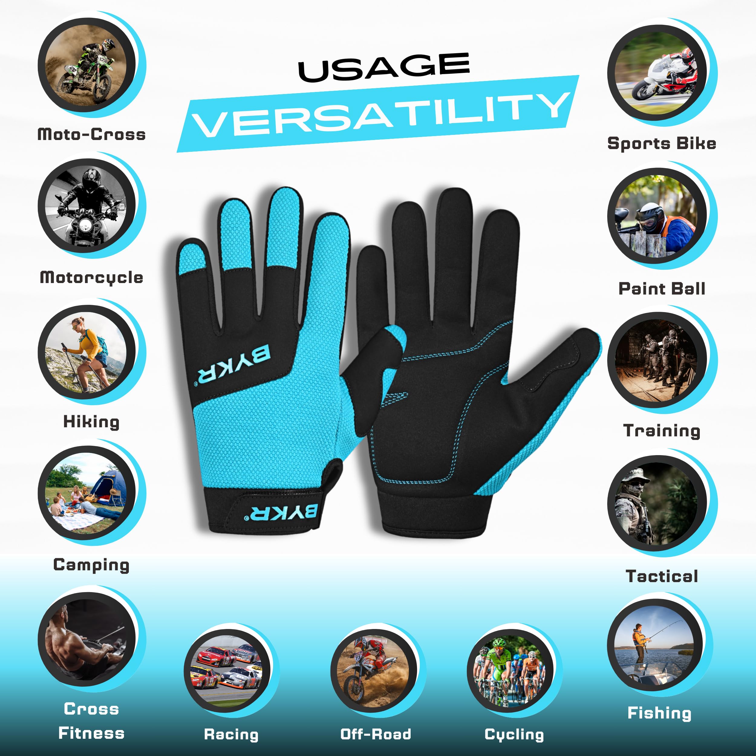 Bykr All-Weather Motorcycle Gloves For Men & Women - Protection For Dirt Bike, Bmx, Mx, And Atv Riding - Blue M