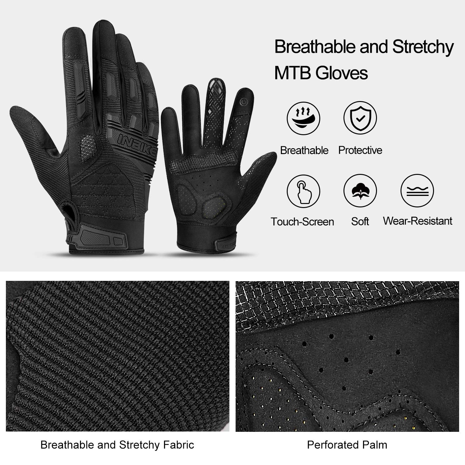 Inbike Mtb Mountain Bike Gloves Touchscreen With Thicken Eva Padded & Tpr Knuckle Protection For Bmx Mx Atv Motorcycle