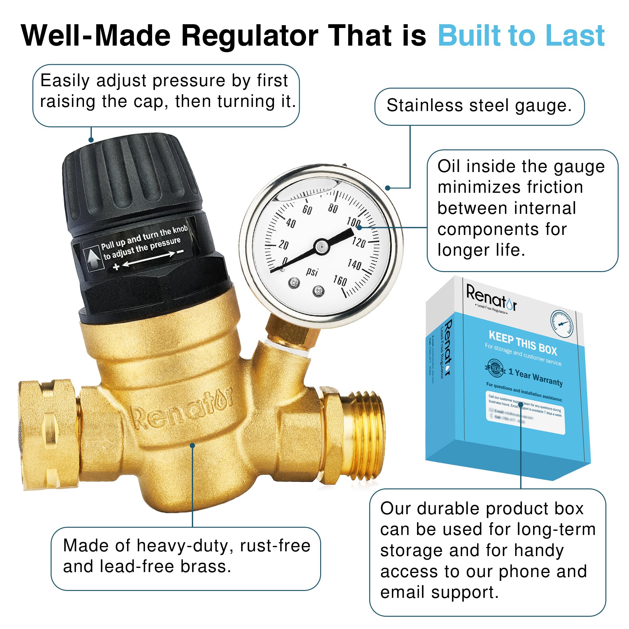 Renator RV Water Pressure Regulator, Brass Lead-free Adjustable with Gauge, Model M22-0660R, Ideal for Camper Travel Trailers