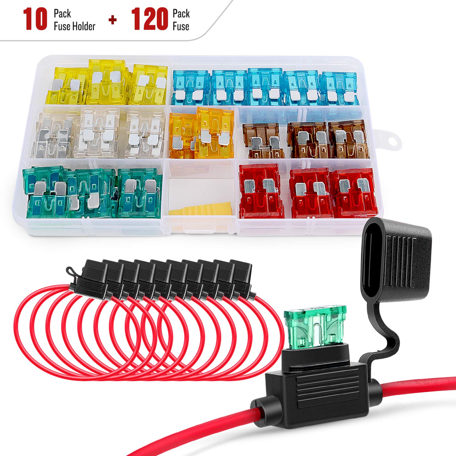 Nilight - 50029R 120 Pcs Standard Blade Fuse 5A/7.5A/10A/15A/20A/25A/30A AMP Assorted Set with 10 Pack 14AWG ATC/ATO Inline Fuse