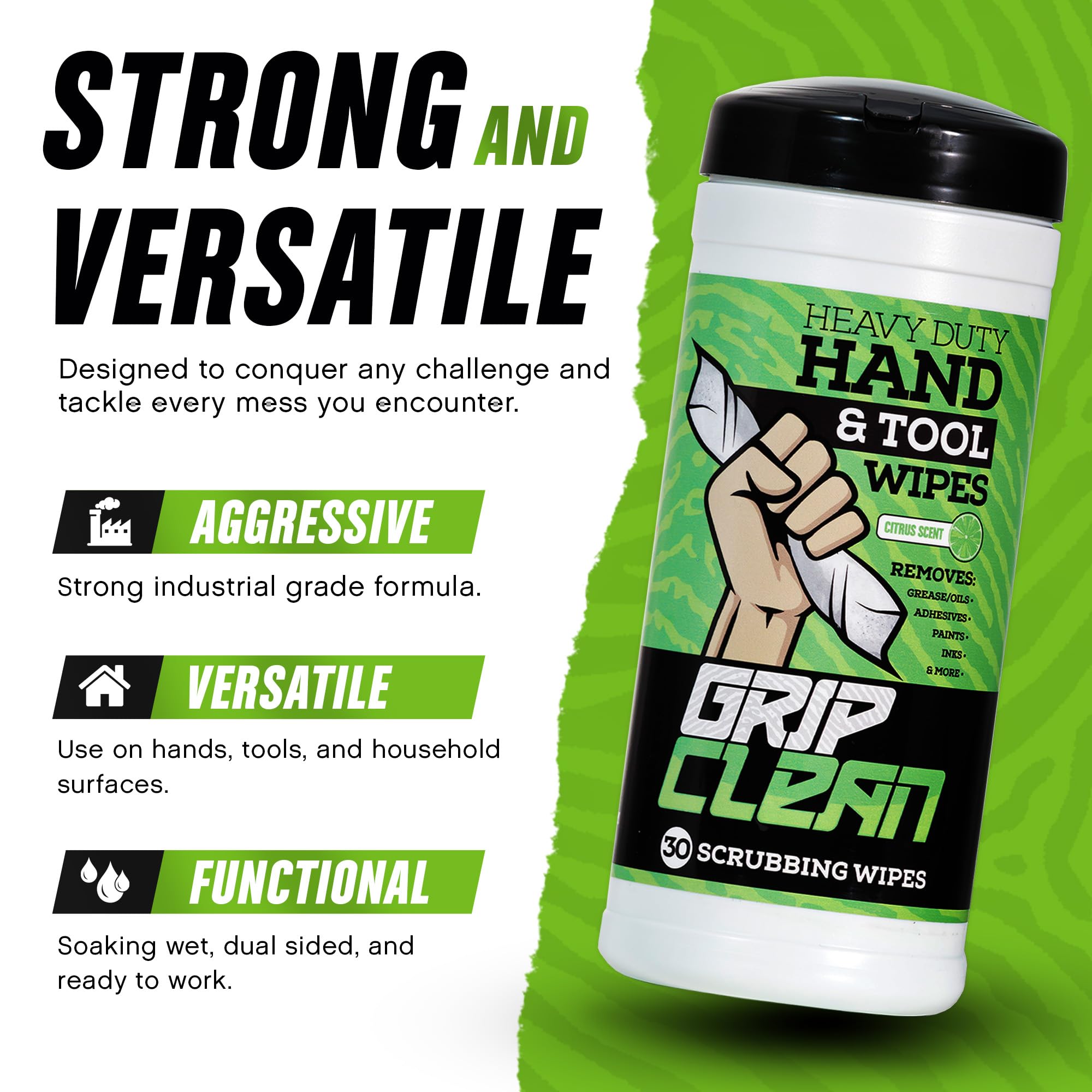 Grip Clean Heavy-Duty Cleaning Wipes, Citrus Scented, 72 Count, Waterless Hand Cleaner for Mechanics & Tools, Model HW72