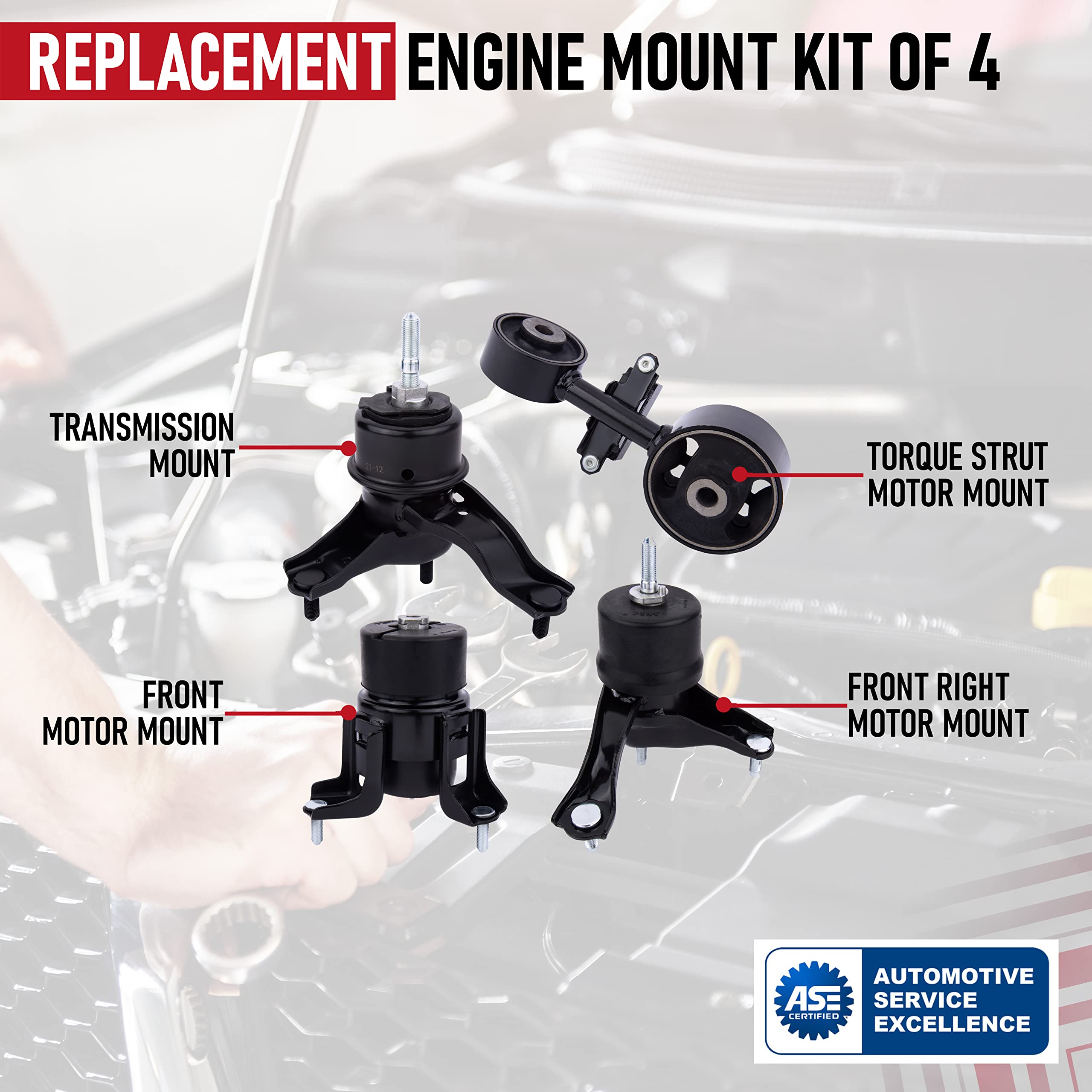 AA Ignition Engine Motor and Transmission Mount Set of 4 - Compatible with Toyota Camry 2002-2006, 2.4L, Black, Rubber, Models A4203-A420