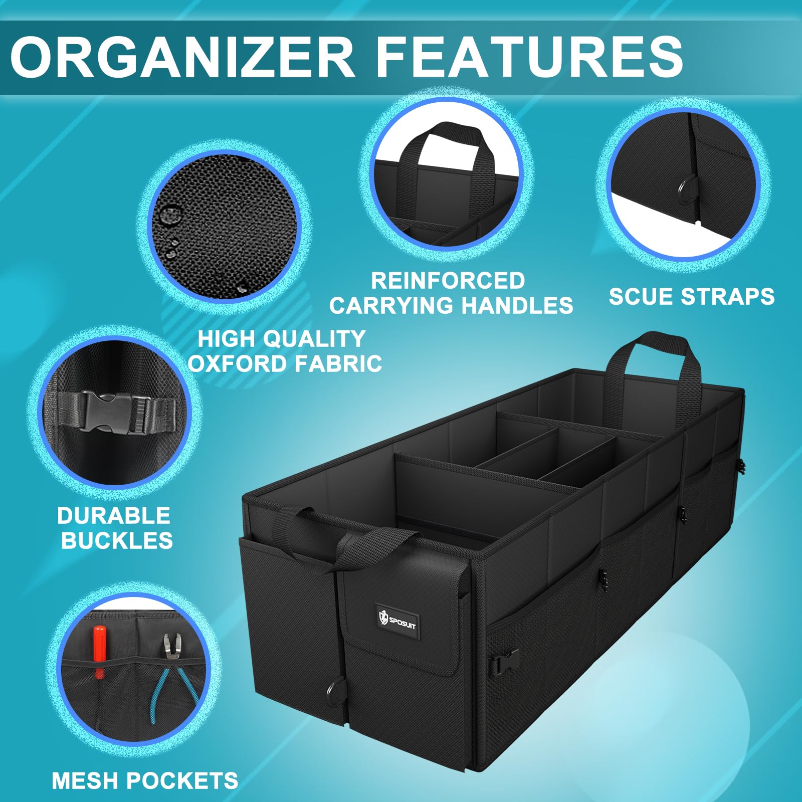 Sposuit Extra Large Trunk Organizer Collapsible Car Storage Trunk Organizer With Removable Dividers & Adjustable Securing Straps