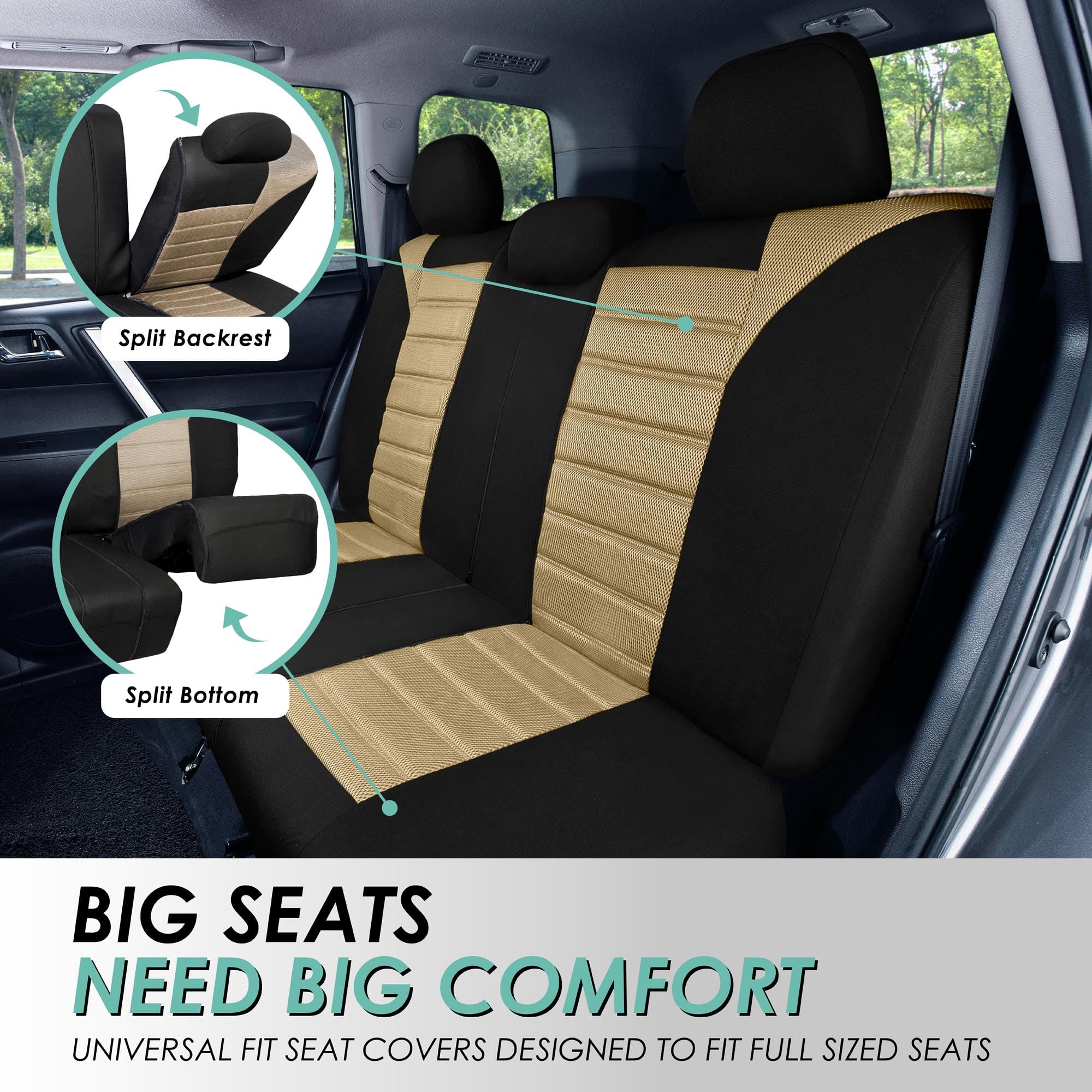 Fh Group Automotive Car Seat Covers Full Set Premium 3D Air Mesh Beige And Black Seat Covers, Airbag Compatible And Split Bench