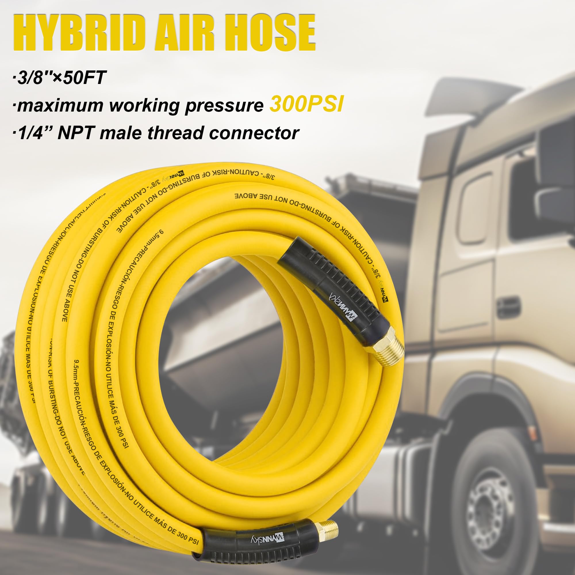 WYNNsky Truck Inflator Kit - 3/8" x 50ft Hybrid Air Hose, Yellow, Model W53-017C, Rubber & PVC, 1/4" MNPT
