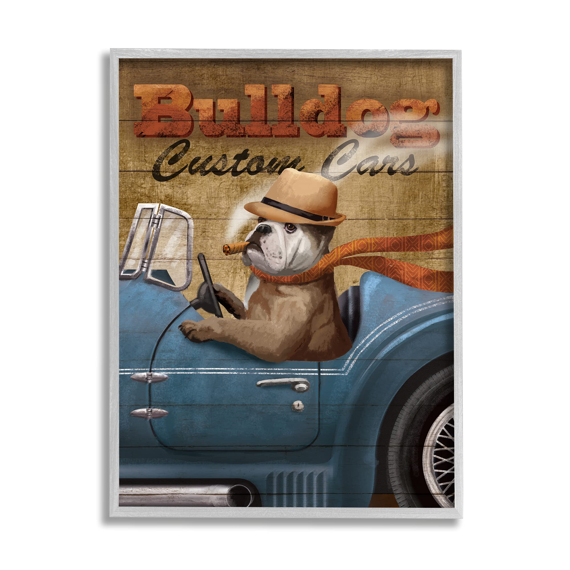 Stupell Industries Bulldog Custom Cars Sign Vintage Automobile Cigar Dog, Designed by Conrad Knutsen Gray Framed Wall Art, 16 x 