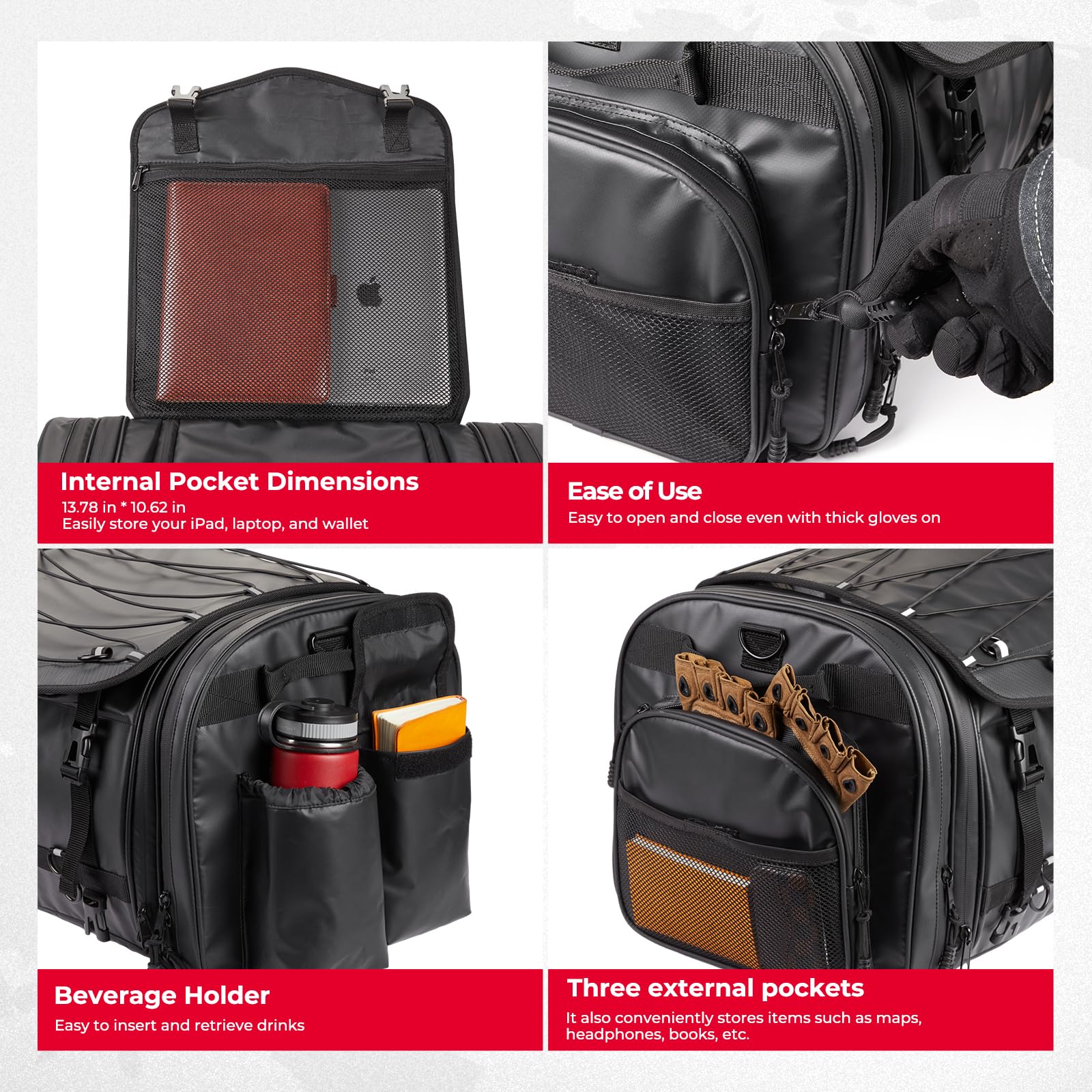 KEMIMOTO 60L Motorcycle Tail Bag - Waterproof Black Pannier with Rain Cover & Straps, Model F1116-06401BK