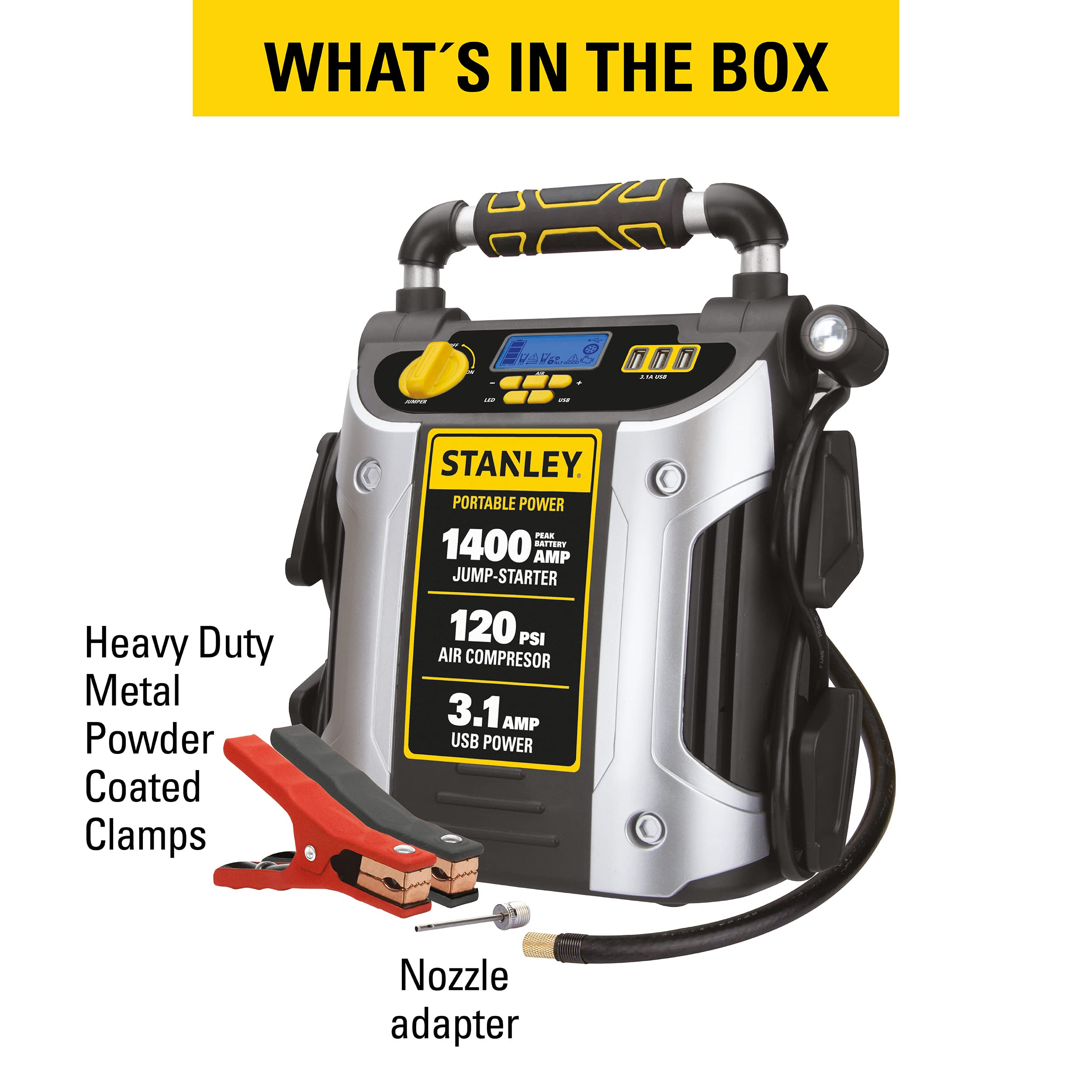 STANLEY J7C09D Digital Portable Power Station Jump Starter, 1400 Peak Amps, Silver, with 120 PSI Air Compressor & USB Ports