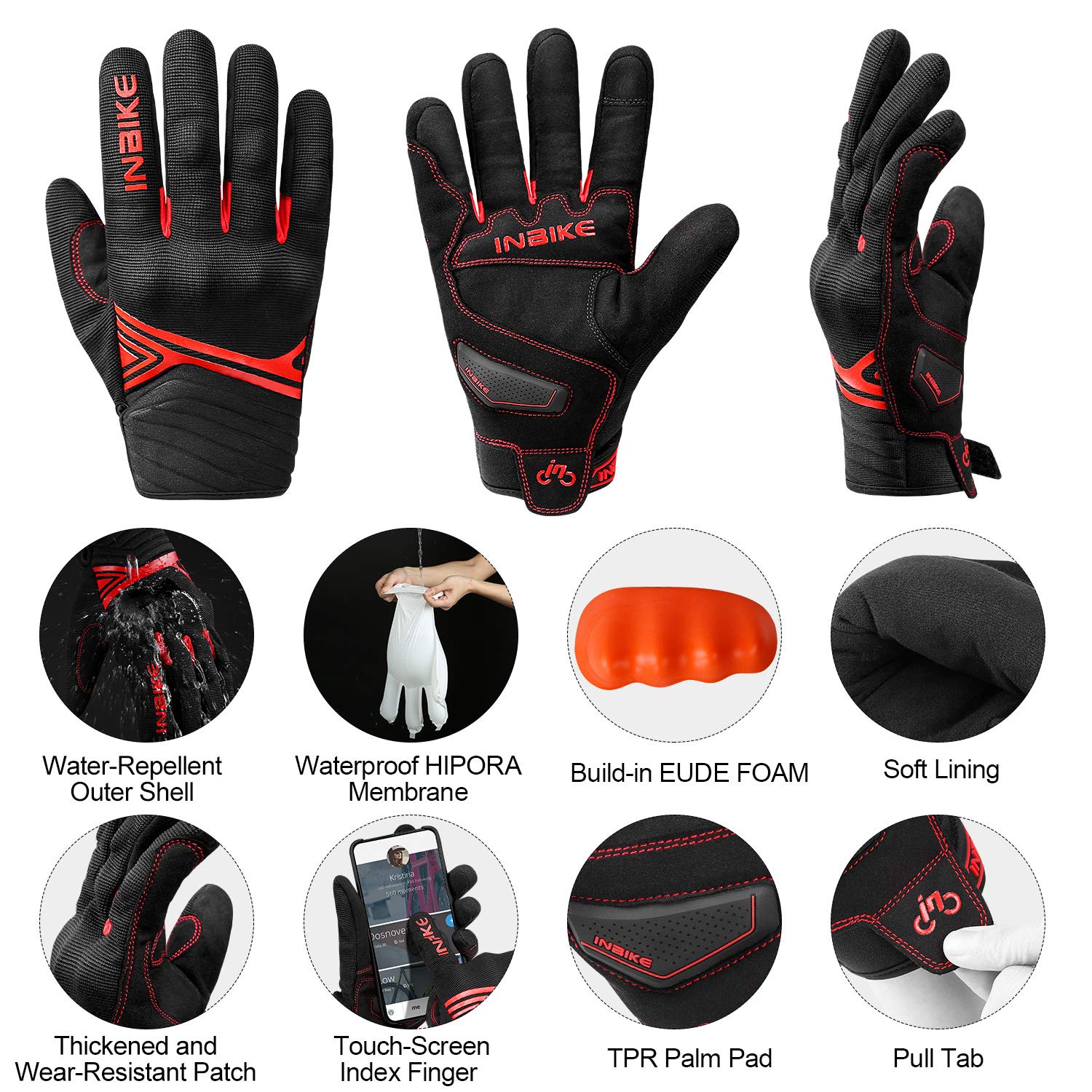 Inbike Waterproof Winter Motorcycle Gloves Thermal Fleece Touchscreen With Tpr Palm Pad Cushioning Hard Knuckle Red X-Large