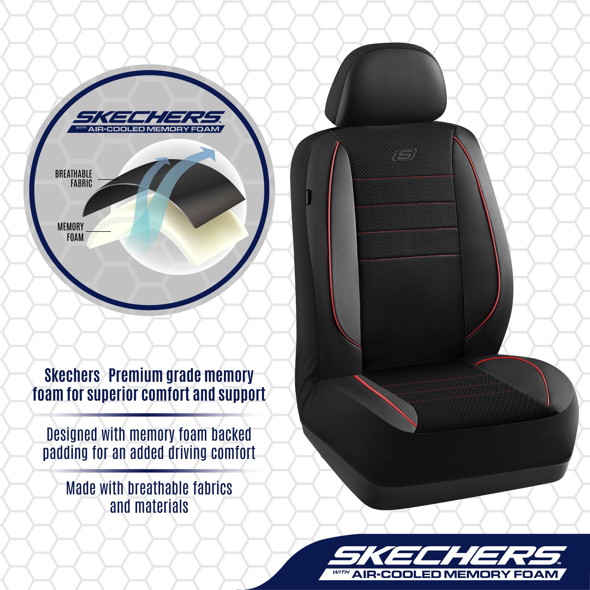 Skechers Memory Foam Seat Covers,Air Cool Mesh Thick Car Seat Covers,Piping Leather Car Seat Protector Full Set,Airbag Compatibl