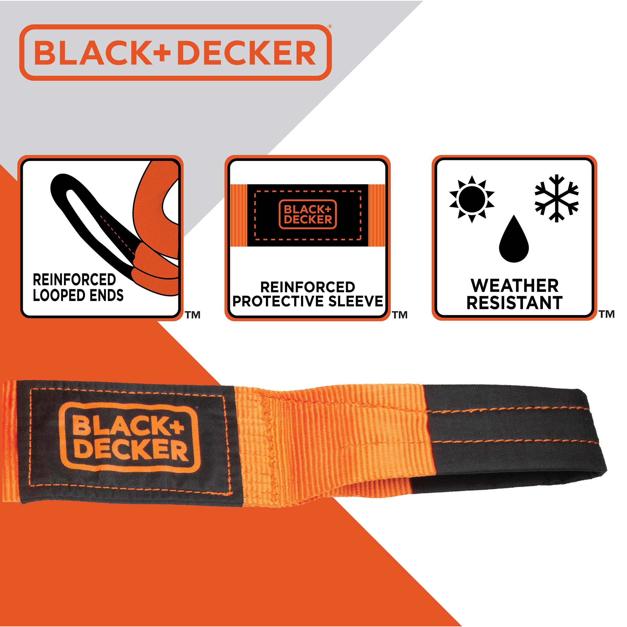 BLACK+DECKER BD1003 Black/Orange 4'' x 30' Recovery Strap - Heavy-Duty (20,000 lb Break Strength) for Emergency Off-Road 4x4 Tow