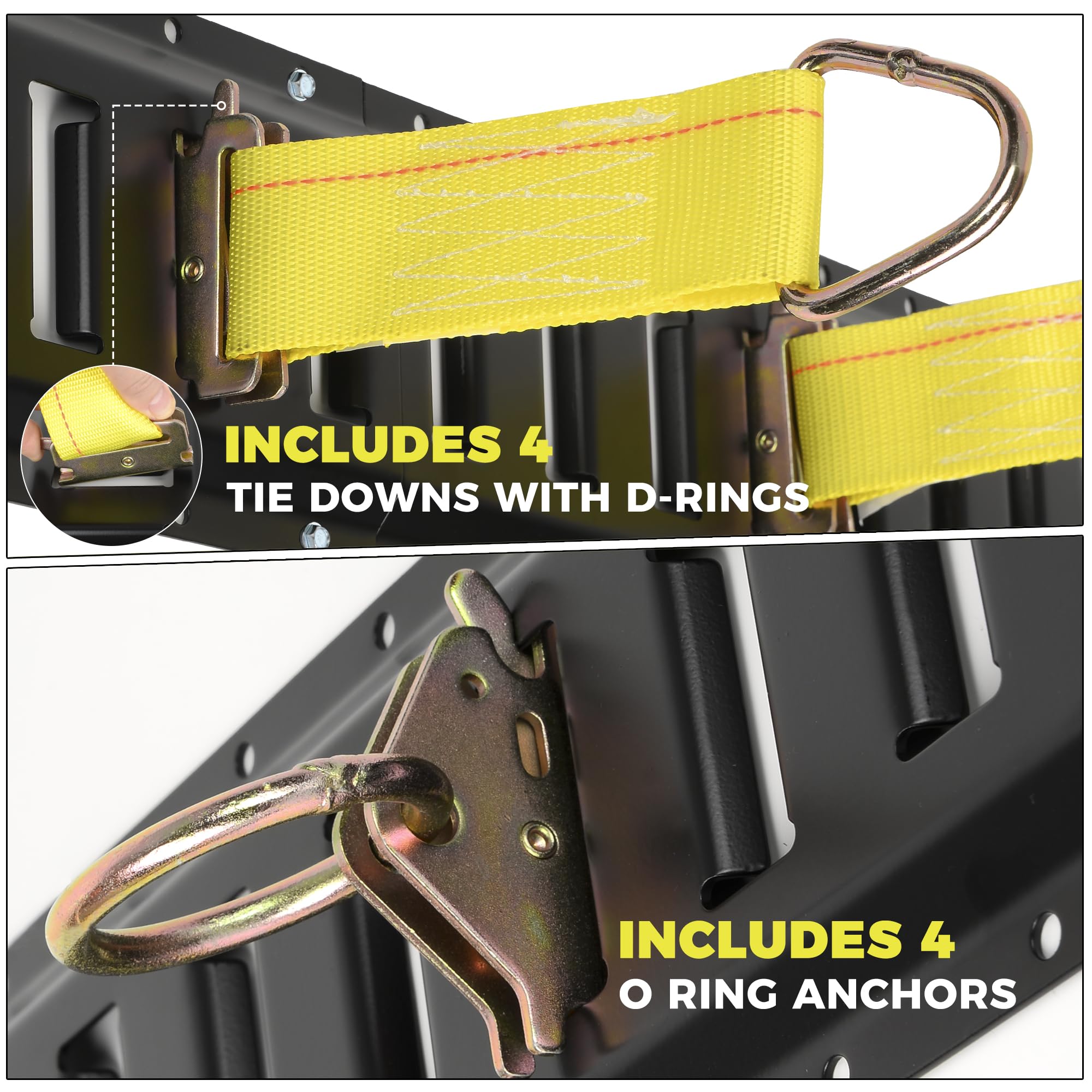 E Track Rail Tie-Down Kit - Trailer Tie Downs & Anchors, Cargo Control System - 4 Rails (16 Tracks) & E Track Accessories Kit -