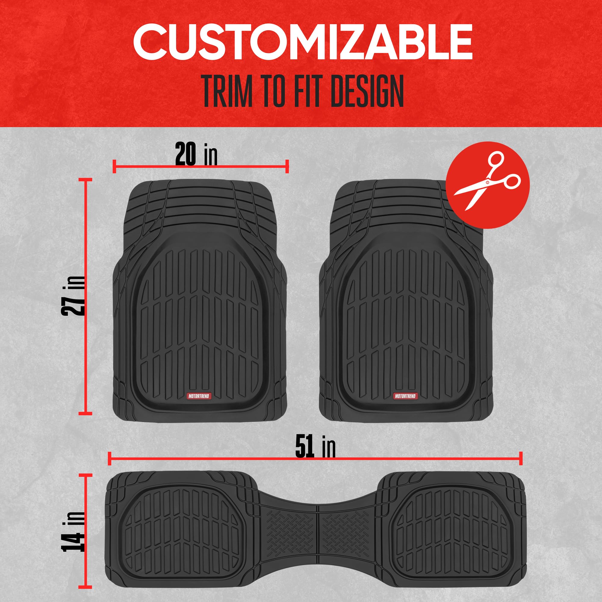 Motor Trend Original FlexTough Black Rubber Car Floor Mats for 3 Row Vehicles, Front & Rear 2nd Row Deep Dish All Weather Automo