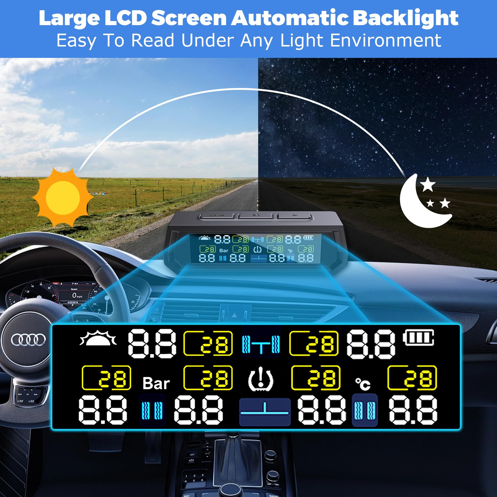 RV Tire Pressure Monitoring System -TPMS 2025 Upgrade Tire Pressure Monitor with 6 Sensors,Solar Charge & Color LCD Display, 0-9