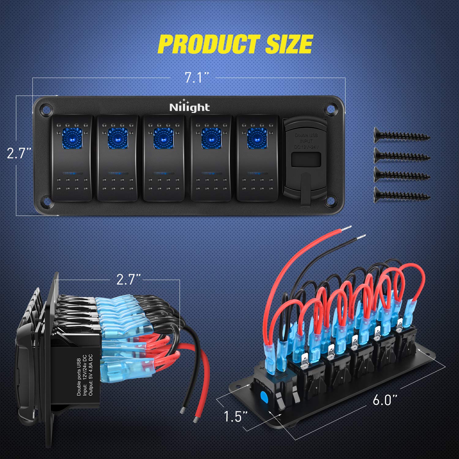 Nilight 5 Gang Rocker Switch Panel with 4.8 Amp Dual USB Charger Voltmeter Waterproof 12V 24V DC Rocker Switch with Night Glow S