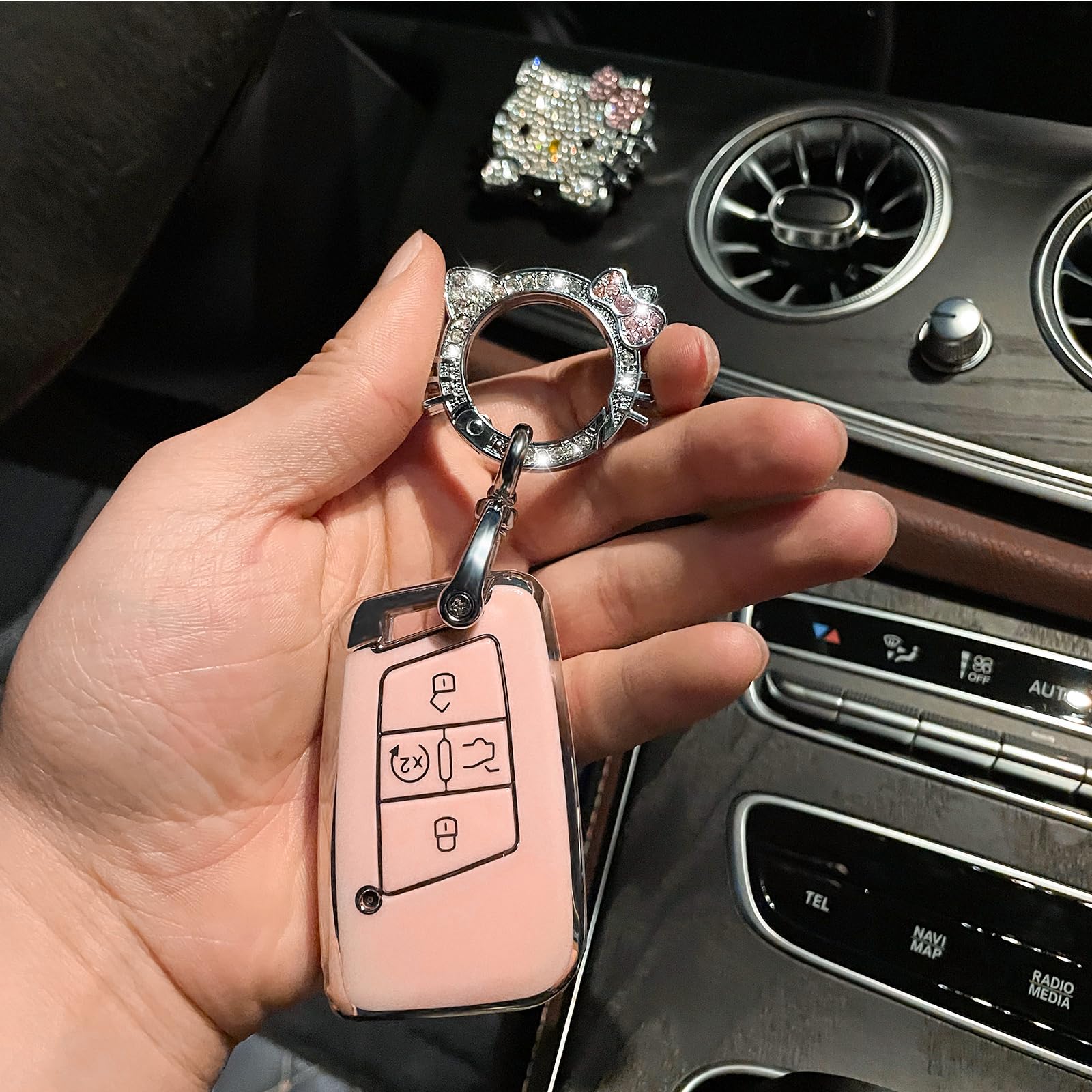 Pangpai Pink Key Fob Cover Set for VW Tiguan Atlas Jetta Passat Golf - 3 Pcs with Bling Keychain, Cute Push to Start Button Cover