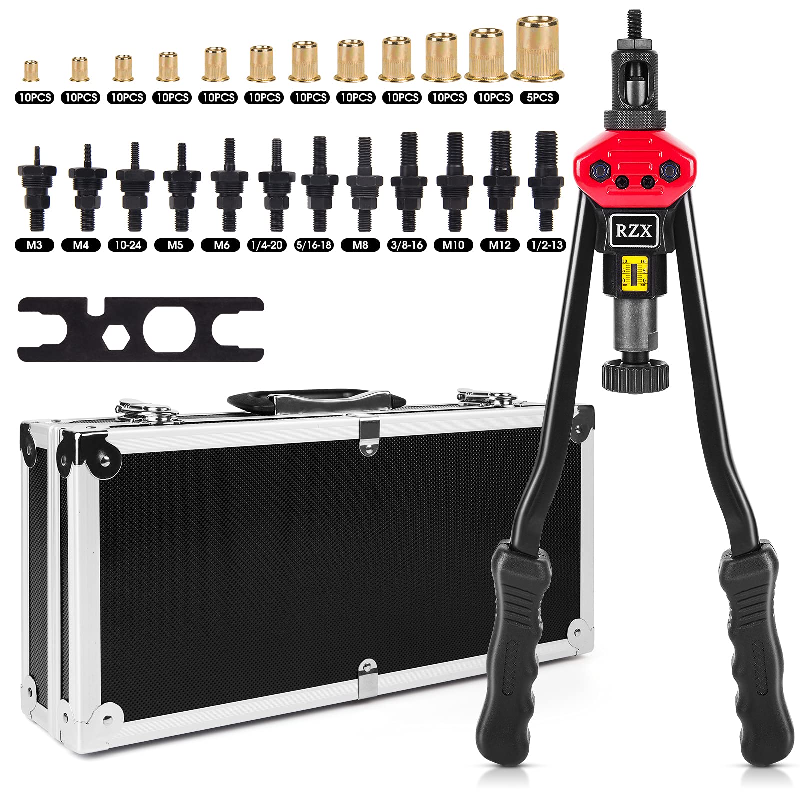 Rzx 16" Rivet Nut Tool Hand Blind Riveter With Nut Setting System Totally 12Mandrels M3 M4 M5,M6,M8,M10 M12, 10-24, 1/4-20, 5/16-18,3/8-16,1/2-13 +115Pcs Rivets Nuts With Aluminum Carrying Case
