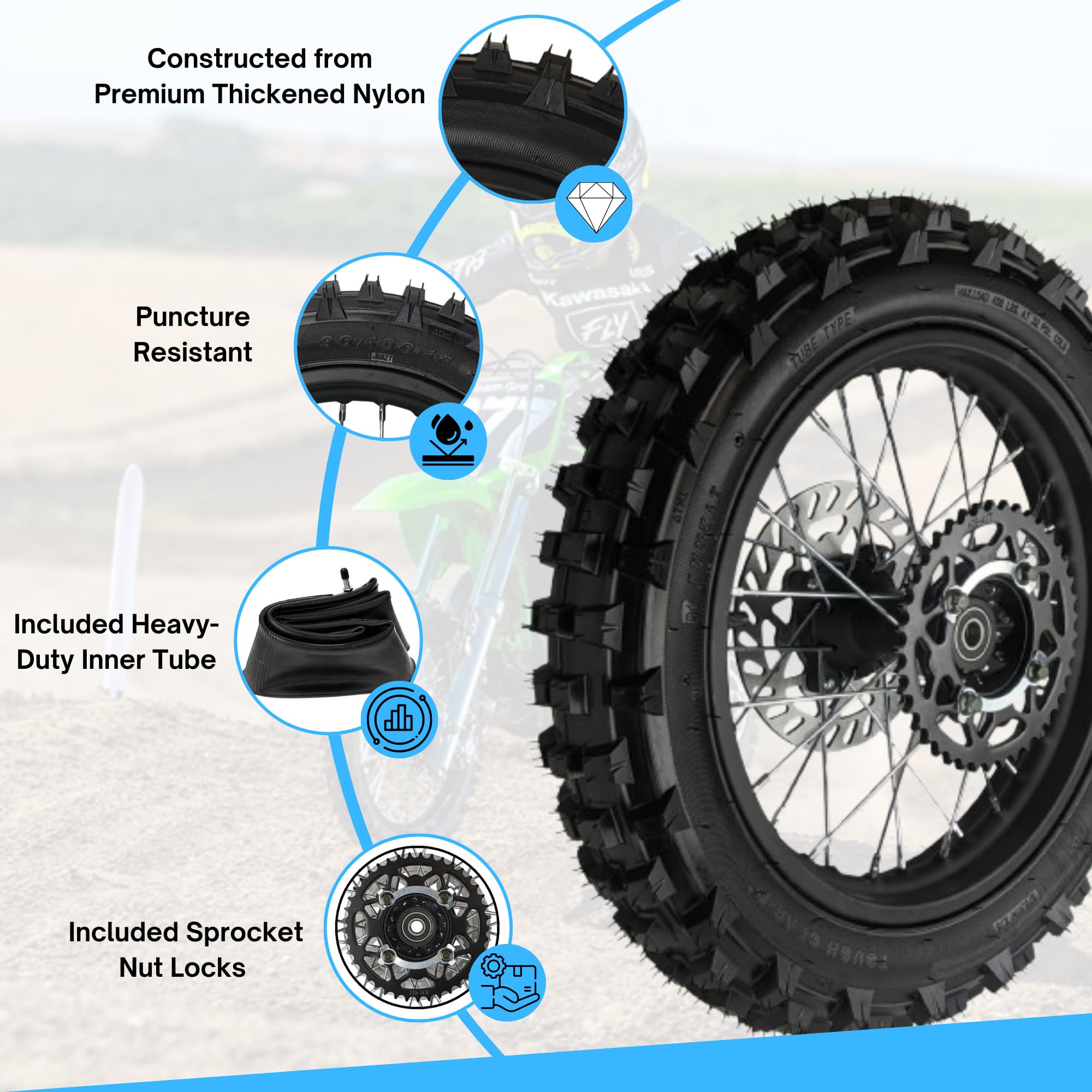 RedCap 14" Rear Wheel Rim Tire Assembly for Dirt Pit Bike - 90/100-14, Black, Includes Brake Rotor & Sprocket