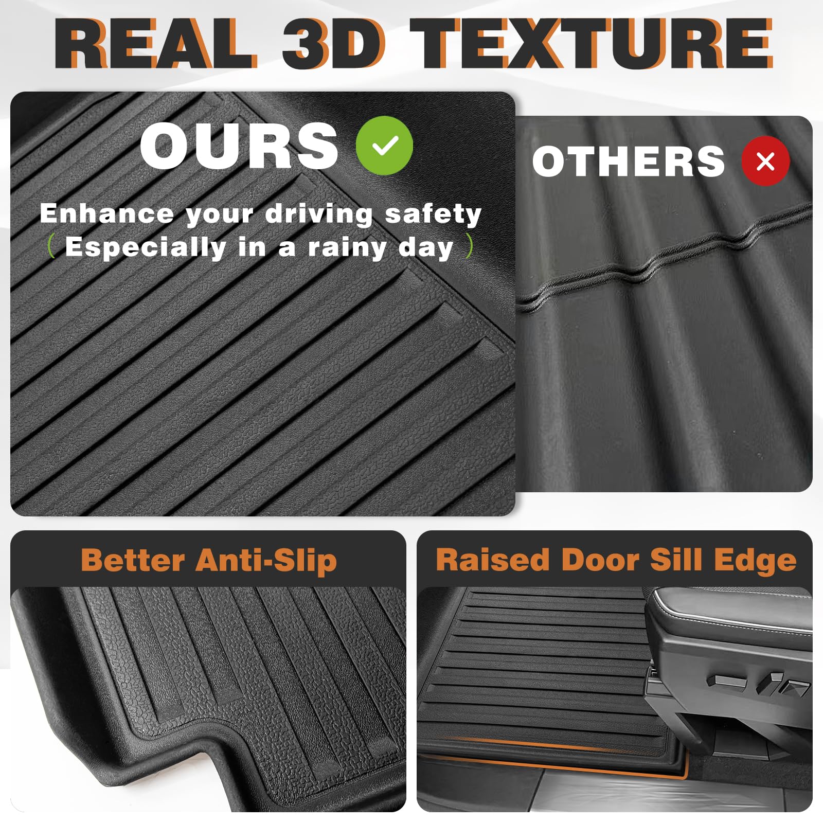 Triplealiners Floor Mats Compatible With Tesla Cybertruck 2023 2024 2025 Accessories All Weather 3D Custom Fit Black Tpe Floor L