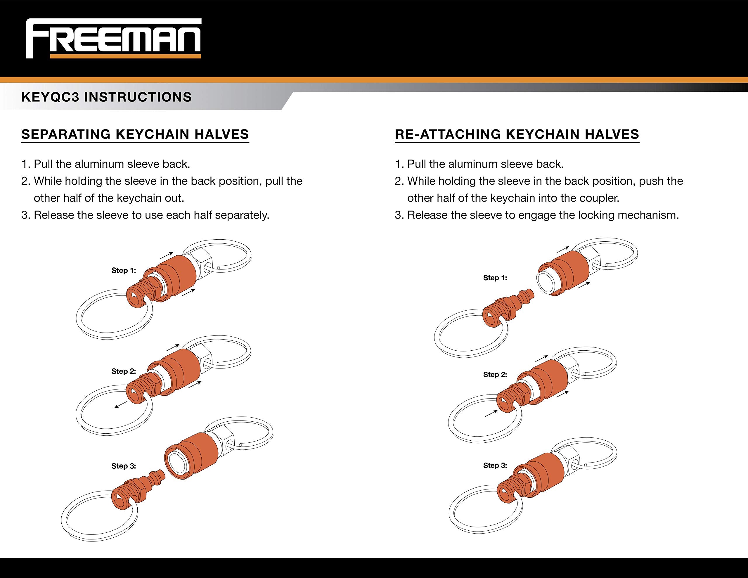 Freeman Keyqc3 Pull Apart Coupler Keychain With 2 Split Rings, 3 Pack,Unisex-Adult, Orange, Small