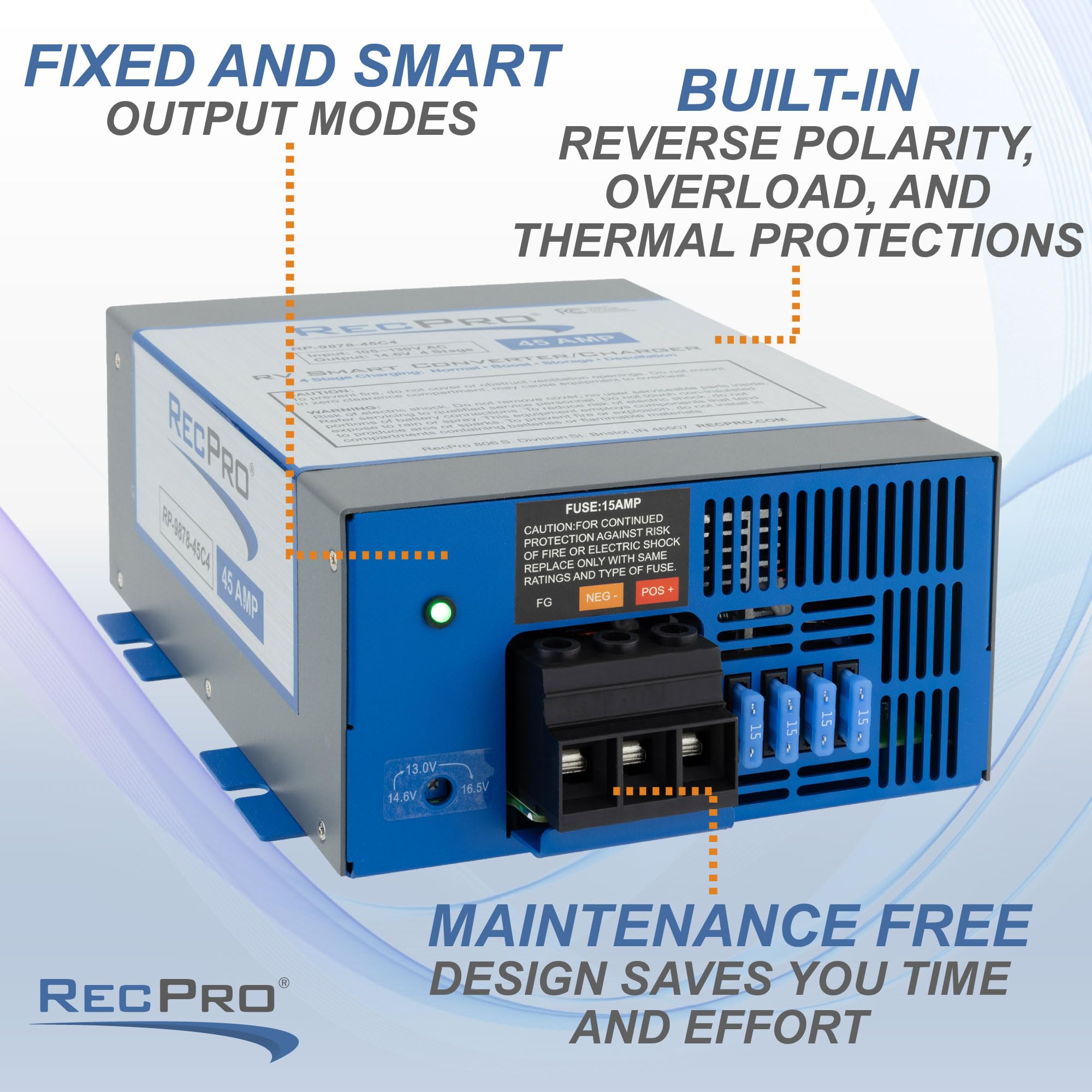 RecPro RV Converter 45-Amp | 120VAC to 12VDC Power Converter & Battery Charger | 13V-16.5V Operating Range
