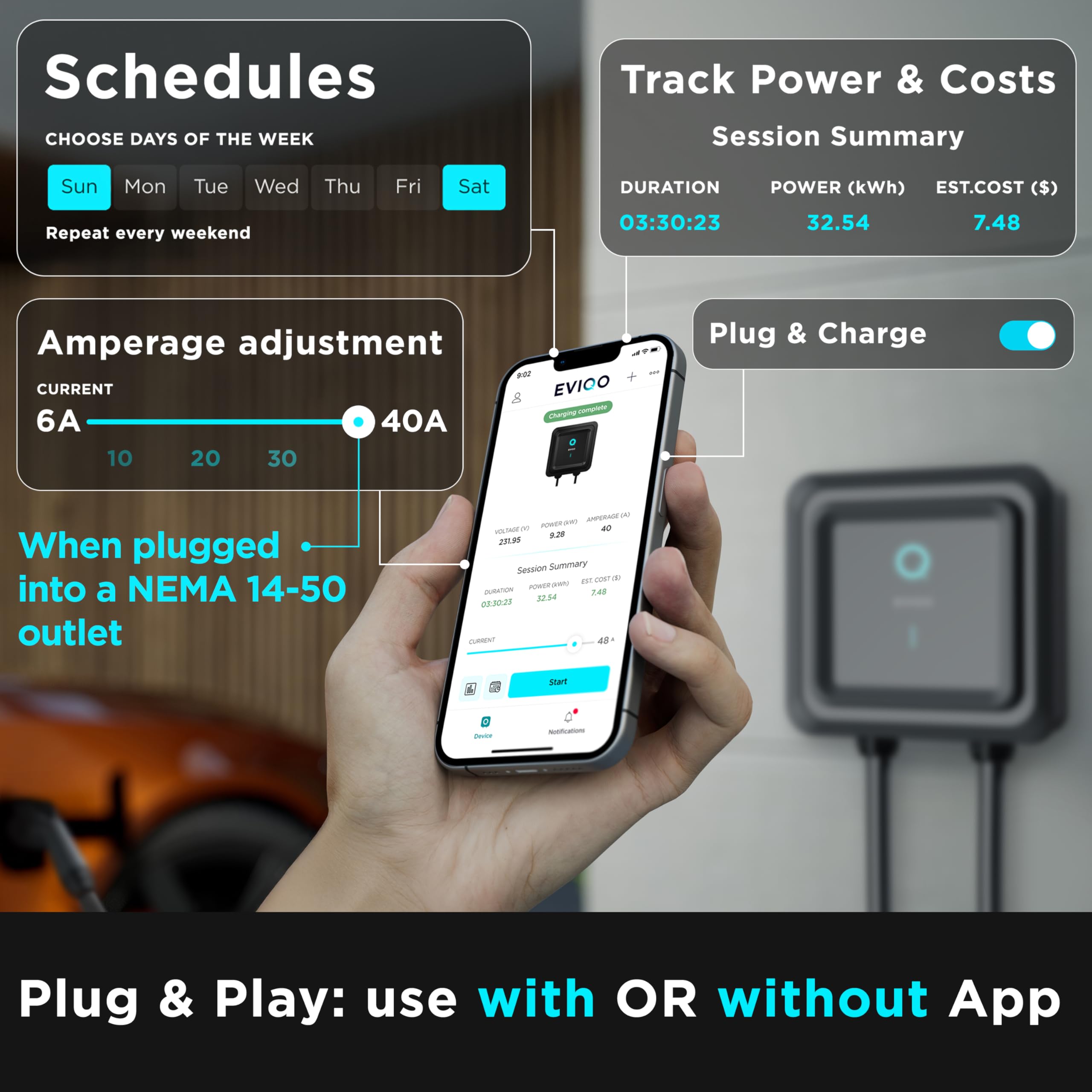 EVIQO Level 2 EV Charger - 40 Amp, 9.6 kW, NEMA 14-50 Plug, 25' J1772 Cable, UL/ETL