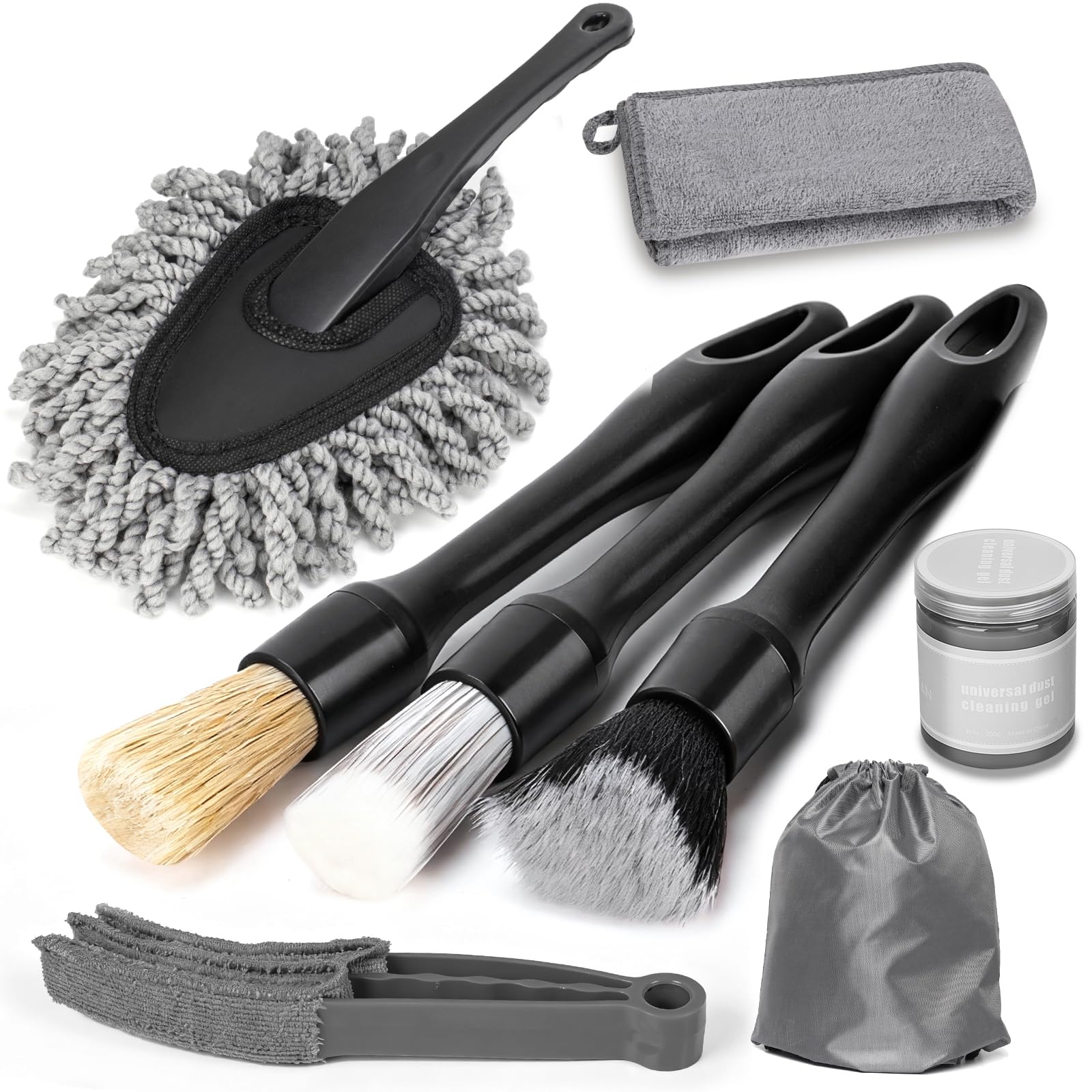 Viewmax 8PCS Car Interior Detailing Kit - 200g Cleaning Gel (185% More Than 70g), Ultra-Soft Detailing Brush Set, Dash Duster, A