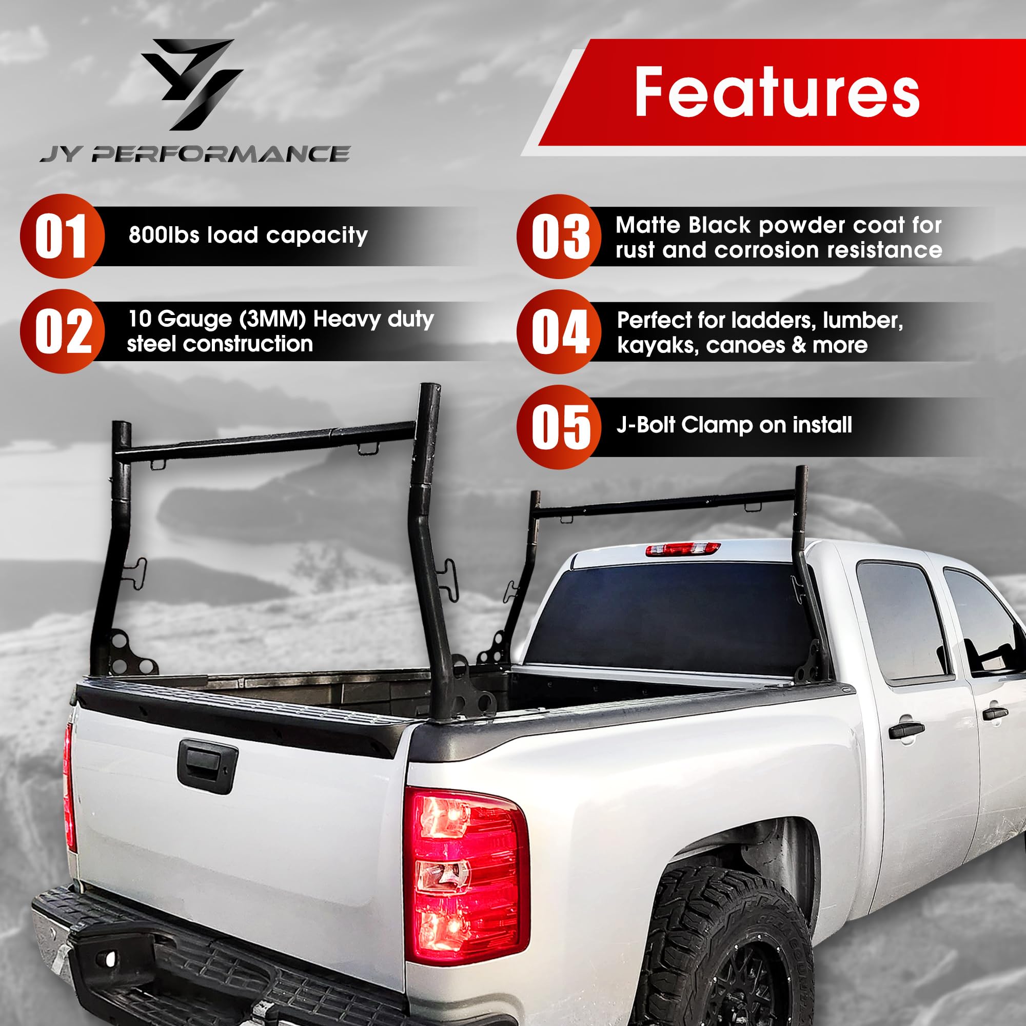 JY PERFORMANCE Truck Ladder Rack, 800lbs Capacity, Extendable, Heavy Duty, Alloy Steel, Universal Fit, Black, Model DAC336 DAC875