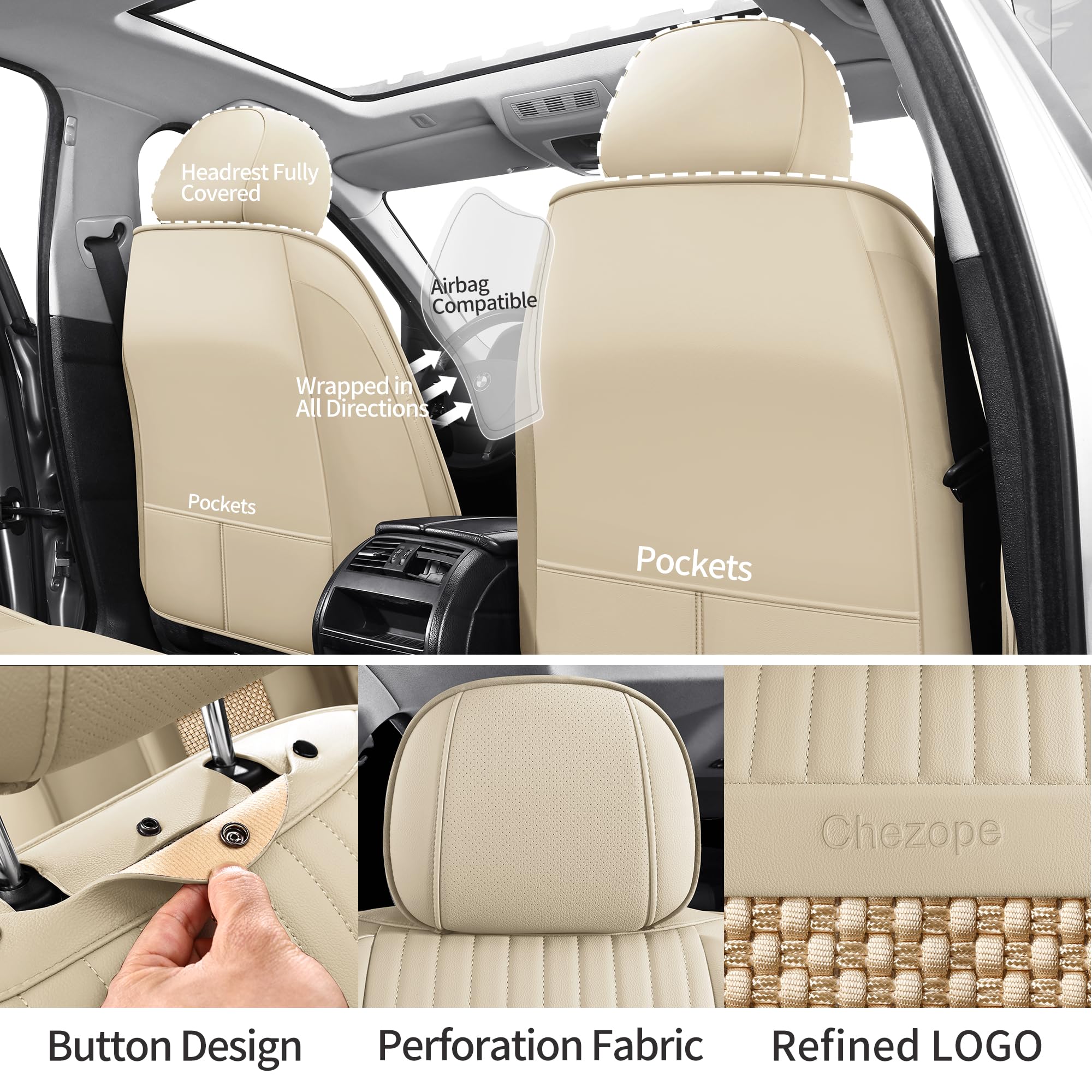 Chezope Full Set Beige Leather Car Seat Covers, Breathable & Wear-Resistant, Universal Fit for Cars, SUVs, Trucks