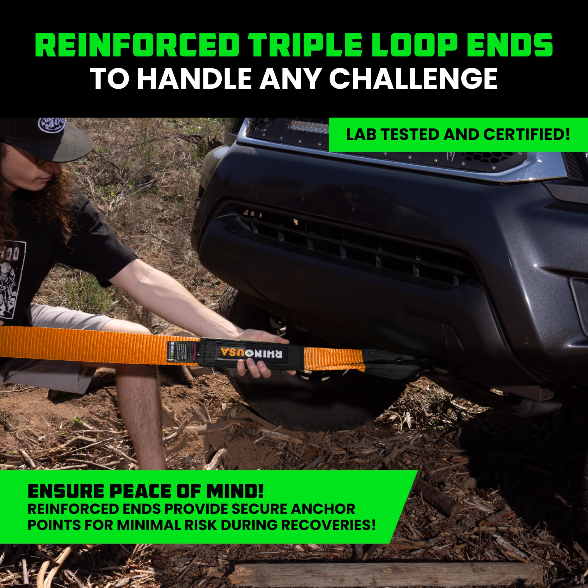 Rhino Usa Recovery Tow Strap (3''X20')- 31,518Lb Break Strength- Emergency Recovery Strap Tow Rope For Truck, Utv, Atv & More- H