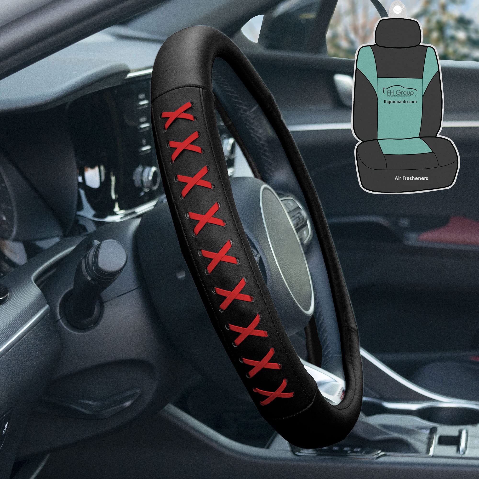Fh Group Universal Fit 15 Inch Genuine Leather With Lace-Up Detailing Steering Wheel Cover Fits Most Cars, Suvs Red