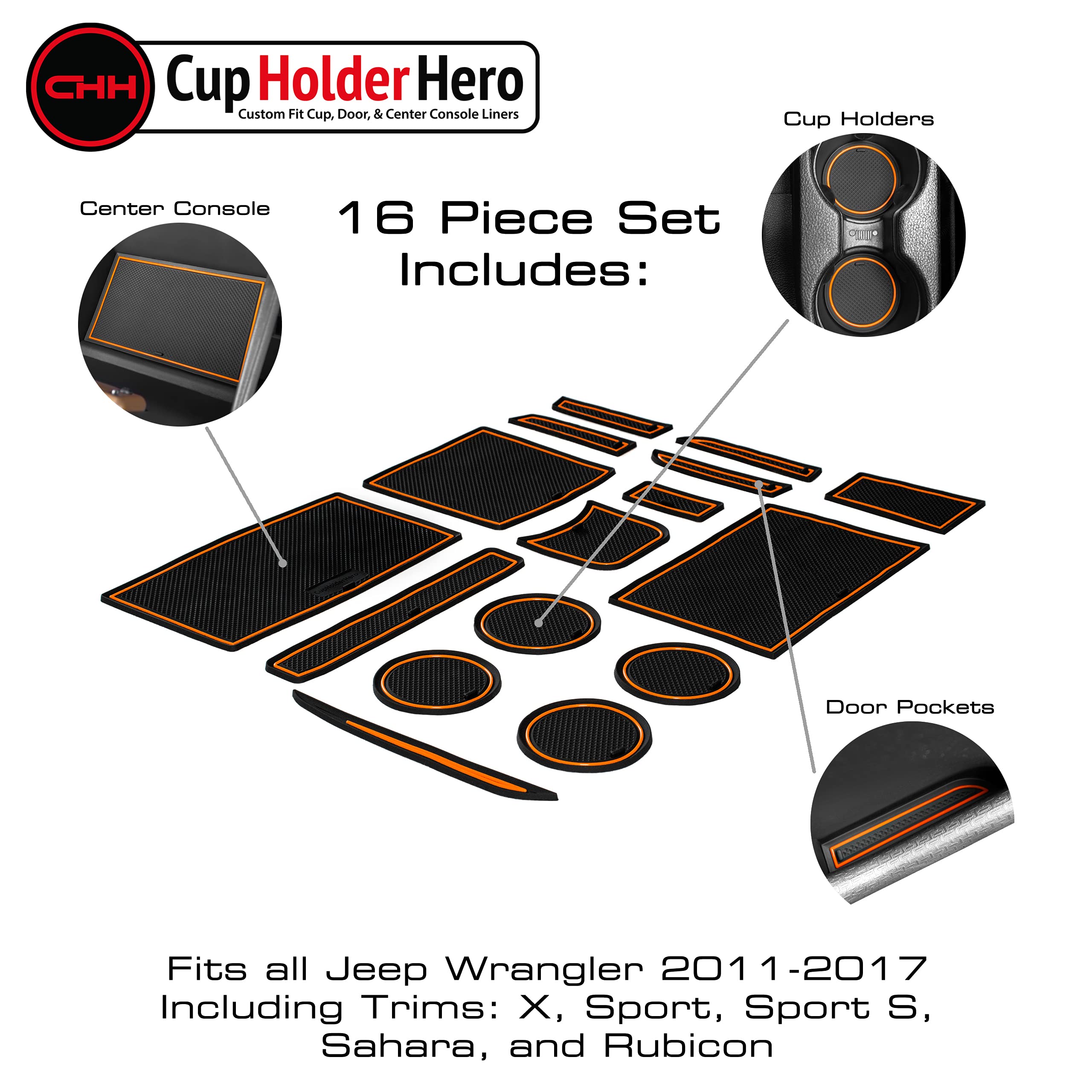 CupHolderHero Rubber Cup Holder Insert for Wrangler 2011-2017 - Orange Trim, Model JWRAJK35-ORG