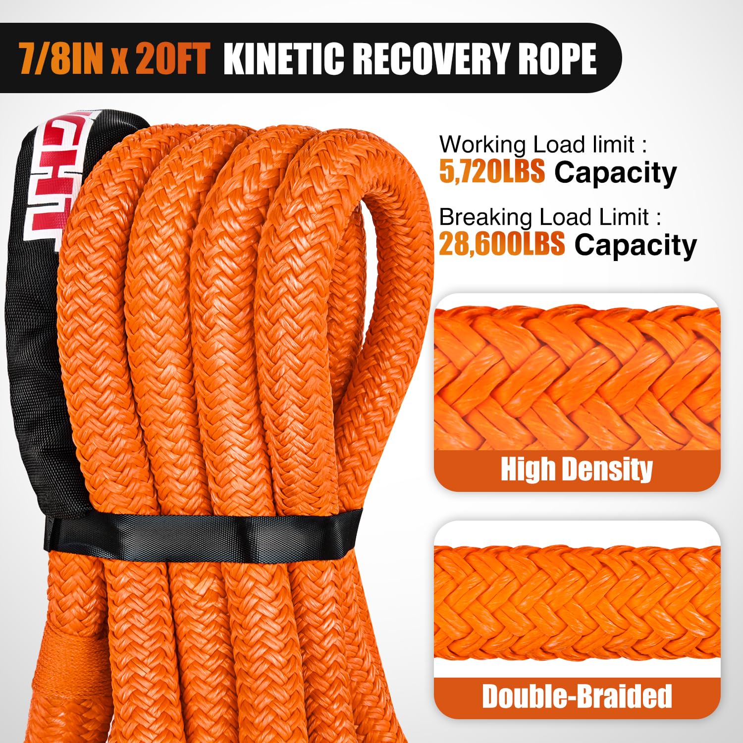 Nilight Kinetic Recovery Rope 28,600LBS 7/8'' x 20ft Snatch Strap Heavy Duty Offroad Towing Strap Kit Vehicle Recovery kit for U