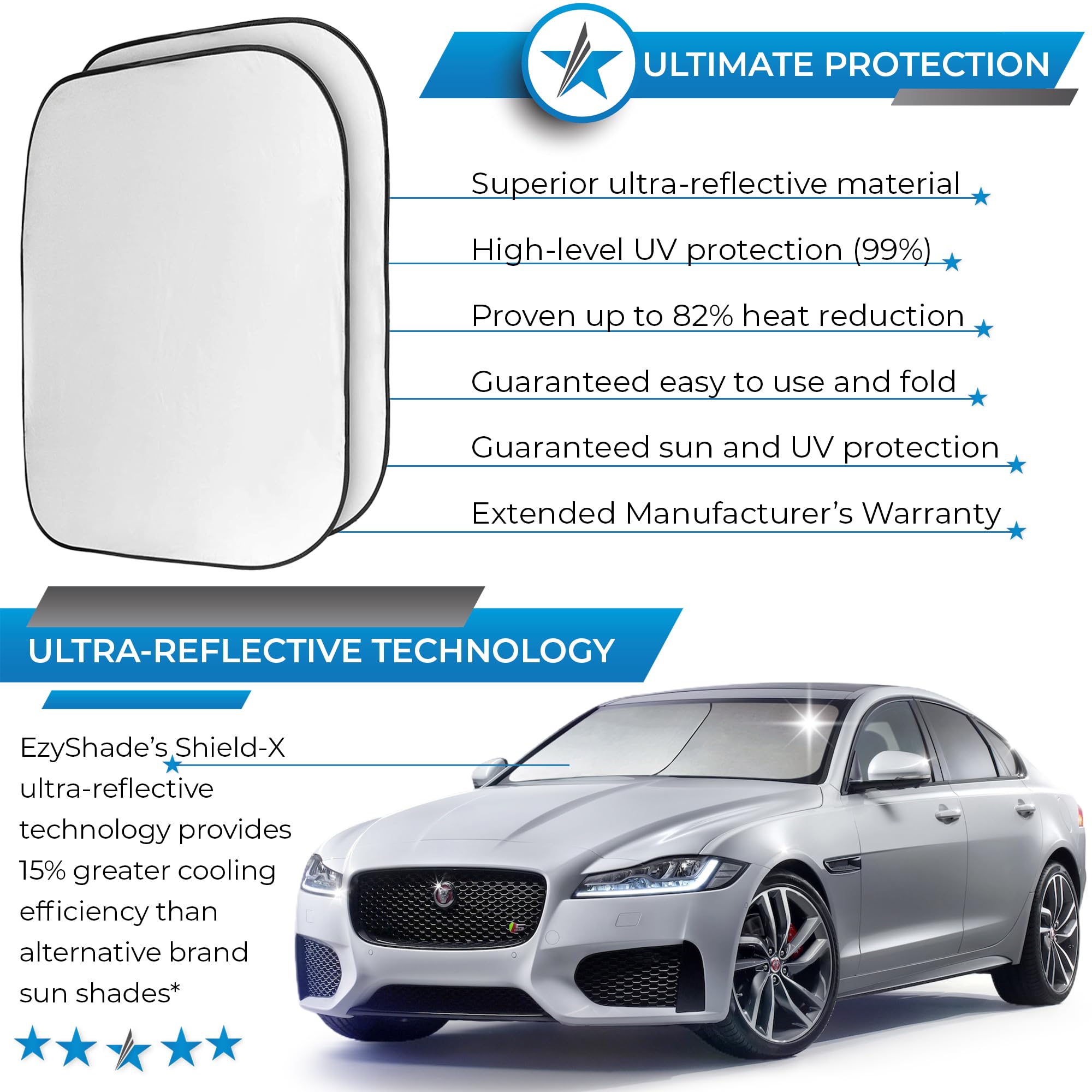 Ezyshade Windshield Sun Shade With Shield-X Reflective Technology. See Vehicle Size-Chart. Foldable Car Sunshade For Front Windshield Window Car Suv Van Truck. Sun Visor Heat Shield. Max (L) Size