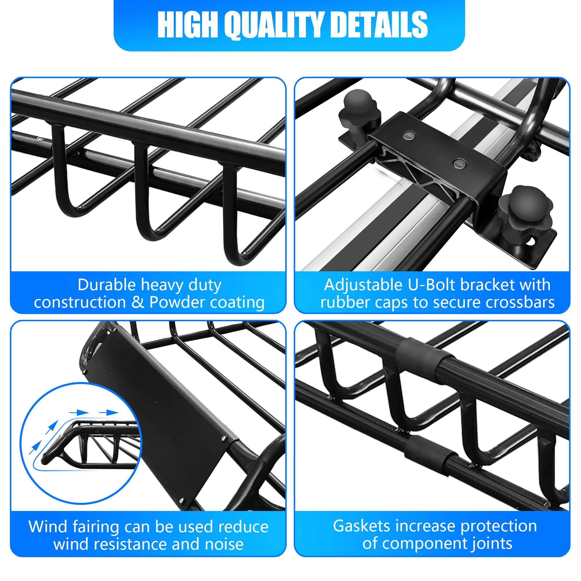 KAIRAY Roof Rack Cargo Basket - 50"x36"x5.1" Alloy Steel, Black, Extendable with Waterproof Bag, Ratchet Straps, Model HY1004-A
