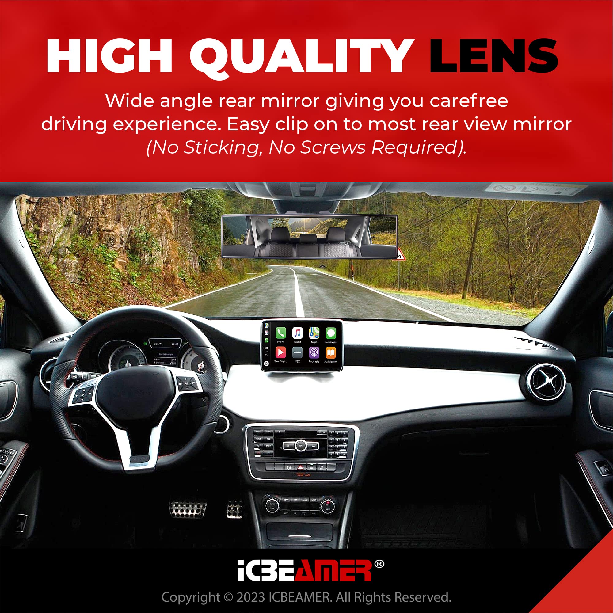 Icbeamer 14.2'' Car Rear View Mirror, Clear Flat Surface, 360Mm Panoramic Wide Angle, Blindspot Mirror Accessories For Car, Rubb