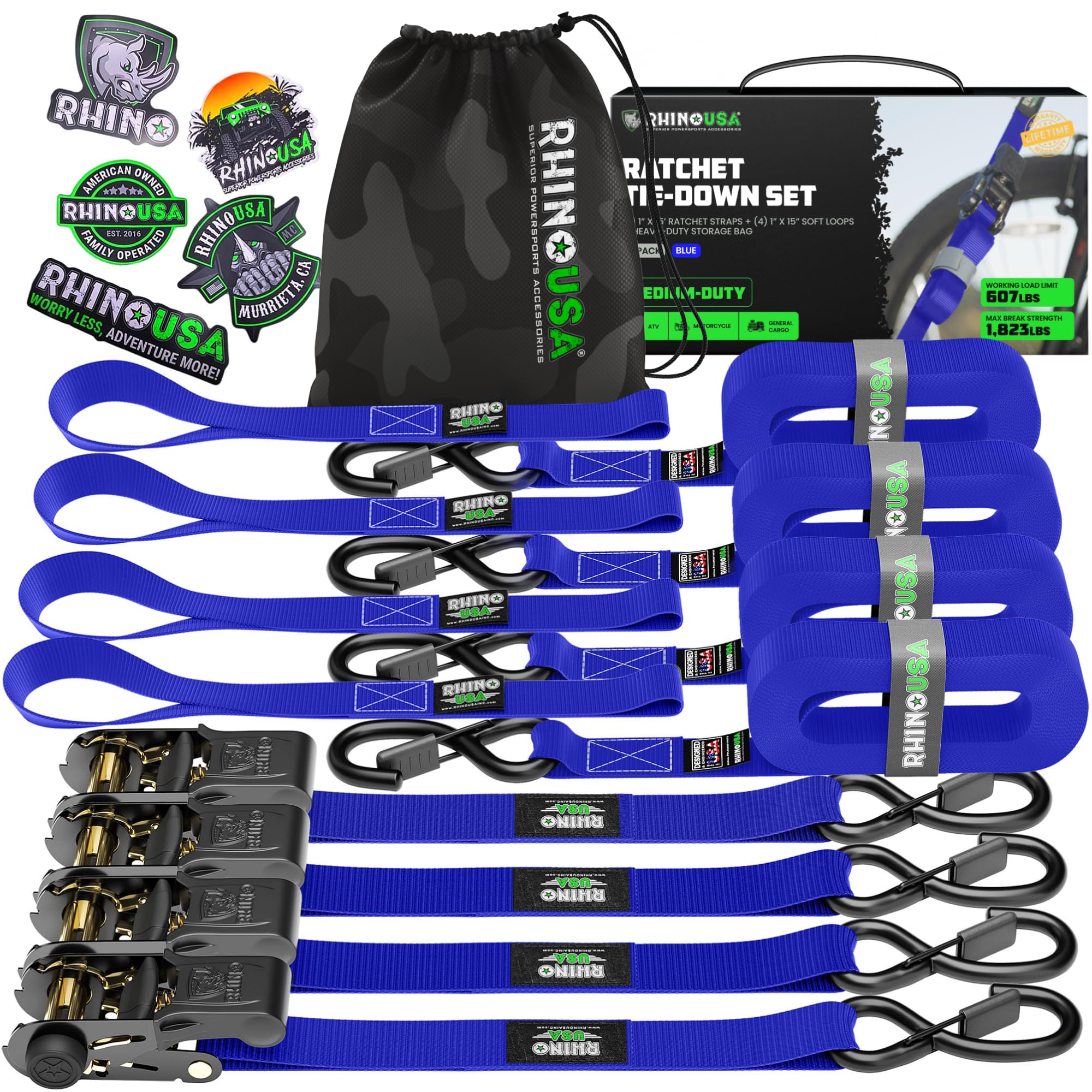 Rhino Usa Ratchet Straps Tie Downs (4-Pack) - 1 Inch X 15 Feet (1,823Lb Break Strength) - Ultimate Tie Down Straps With Safety S