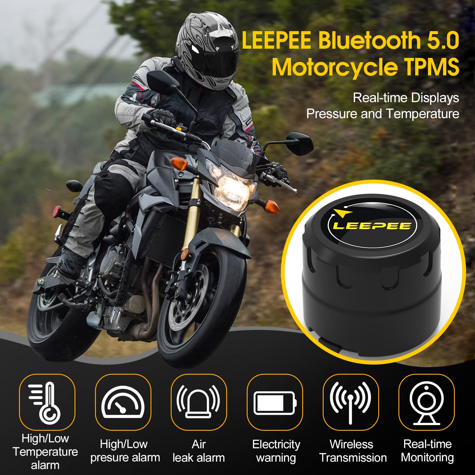Leepee Motorcycle Tire Pressure Monitoring System, Tire Pressure And Temperature Alarm, Wireless Motorcycle Tpms With 2 External