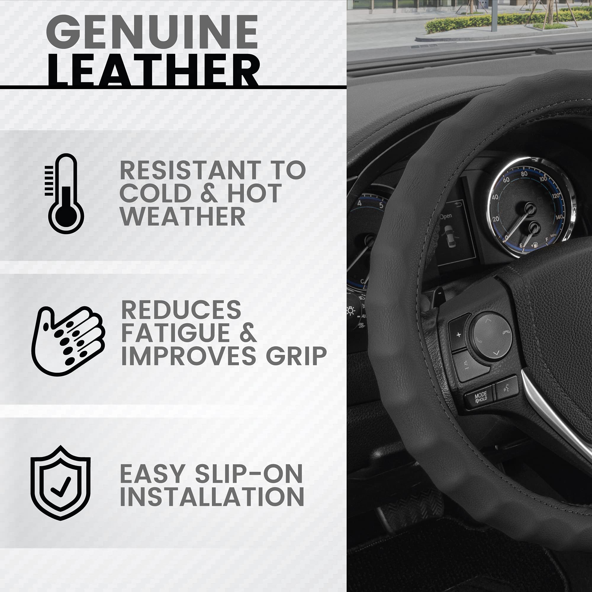 BDK Leather Steering Wheel Cover - Black, Large (15.5-16.5 inch) - Ergonomic Grip for Men & Women, Model SW899