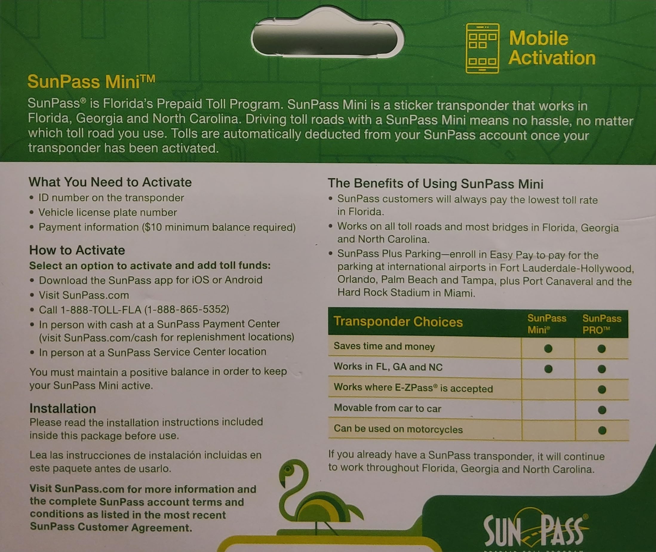 GTTCCG SunPass Mini Sticker - Pre-Paid Toll Program for Florida, Vinyl, Green, Model 13, Styles May Vary