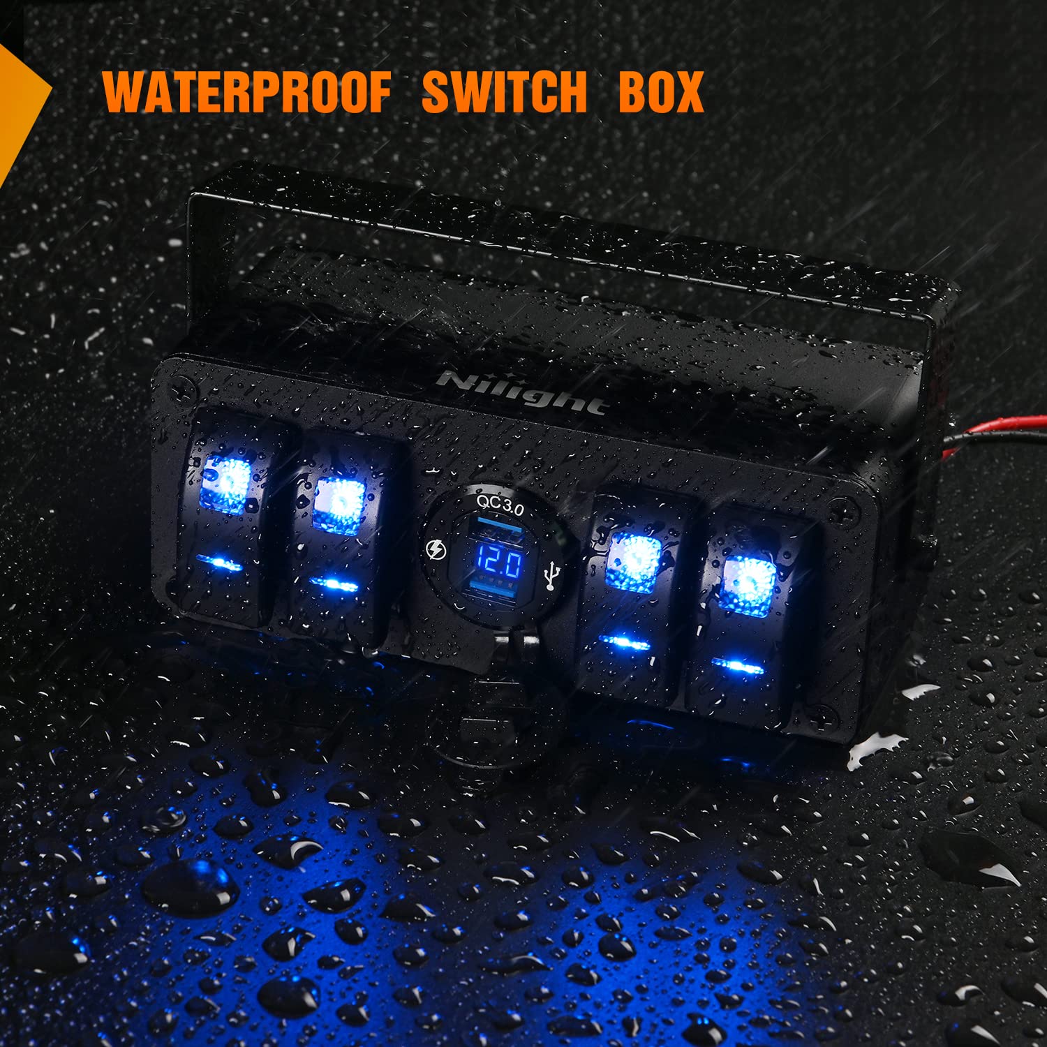 Nilight 4 Gang Rocker Switch Box 12V SPST ON Off Switch QC 3.0 USB Charger Voltmeter Waterproof Aluminum Rocker Switch Panel Nig