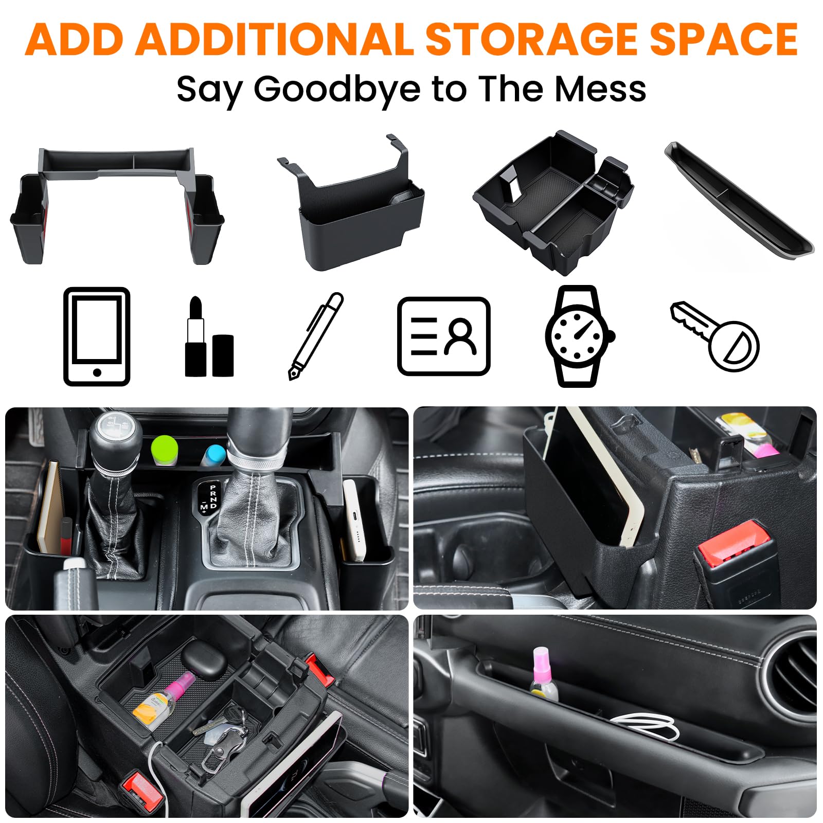 DIAMOOKY 4PCS Center Console Organizer for Jeep Wrangler JL/JLU 2018-2023 & Gladiator JT, ABS Material, Side Tray Storage Box