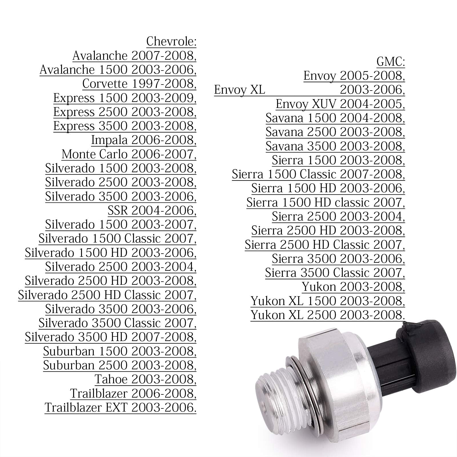 Engine Oil Pressure Sensor/Switch/Sending Unit D1846A Compatible with 2003-2008 4.8L/5.3L/6.0L/6.2L,GM Chevrolet Chevy Silverado