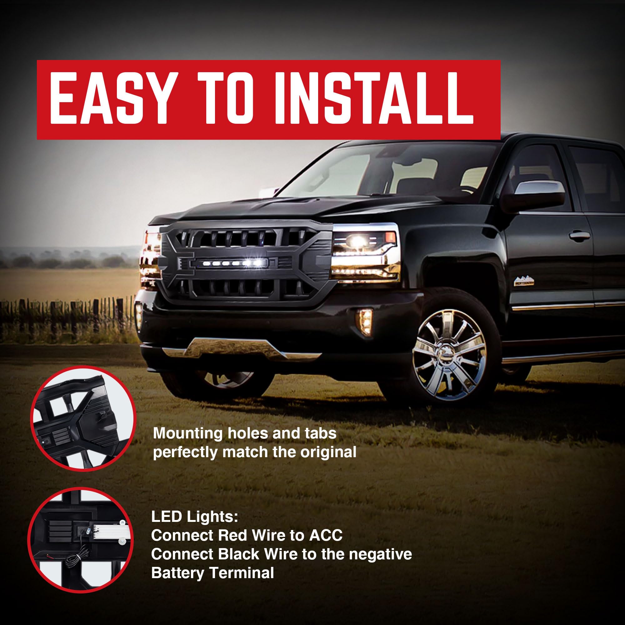 AMERICAN MODIFIED Armor Grille with Off-Road LED Lights Compatible with Chevrolet Silverado 1500, 2016 to 2019 Models, Matte Bla