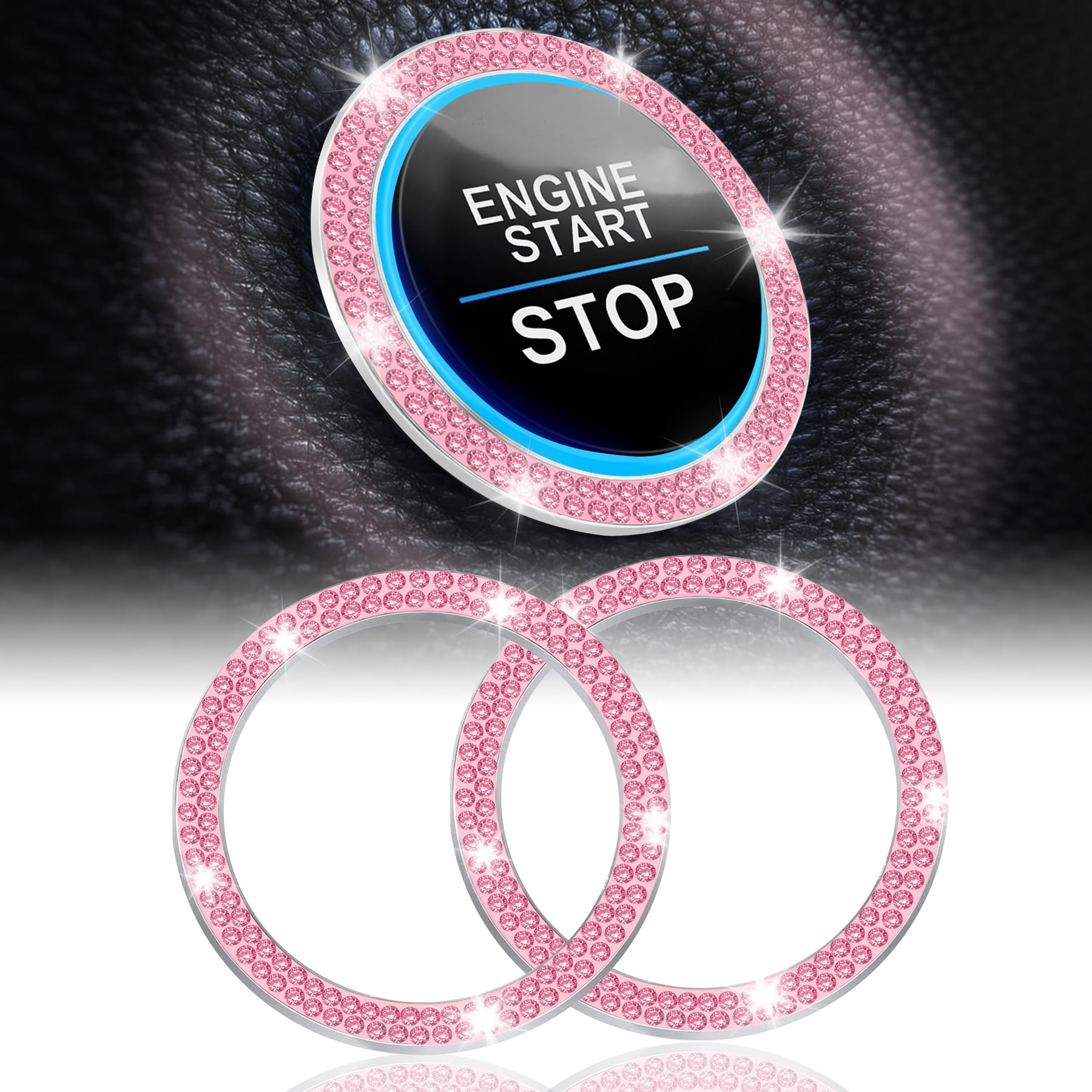 Livtee 2 Pcs Crystal Double Rhinestone Car Engine Start Stop Decoration Ring, Bling Car Interior Accessories For Women, Push To Start Button Cover/Sticker, Key Ignition & Knob Bling Ring, Pink