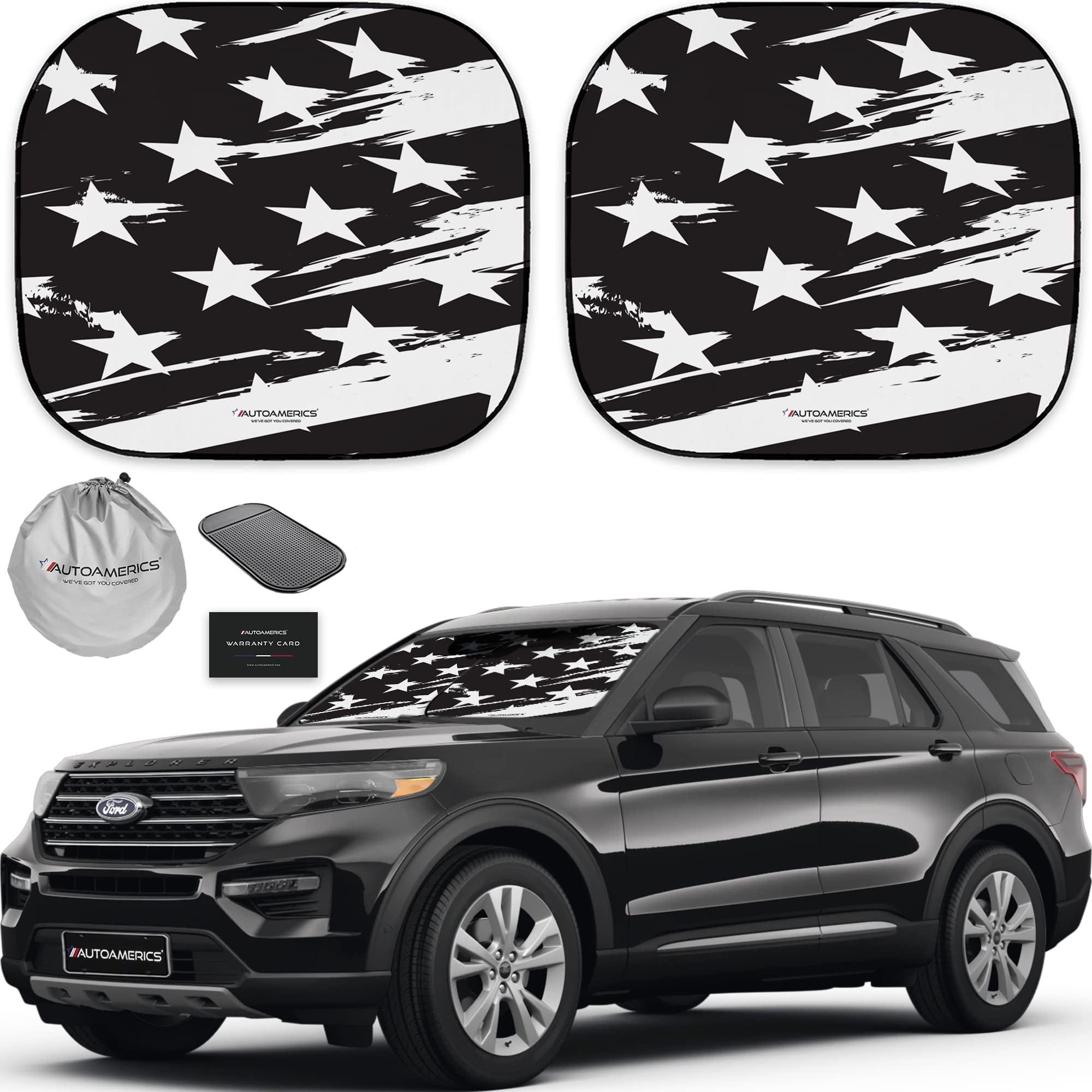 Autoamerics 2-Piece Windshield Sun Shade - B&W USA Flag Foldable Car Front Window Sunshade for Most Cars SUV Truck Heat Blocker 