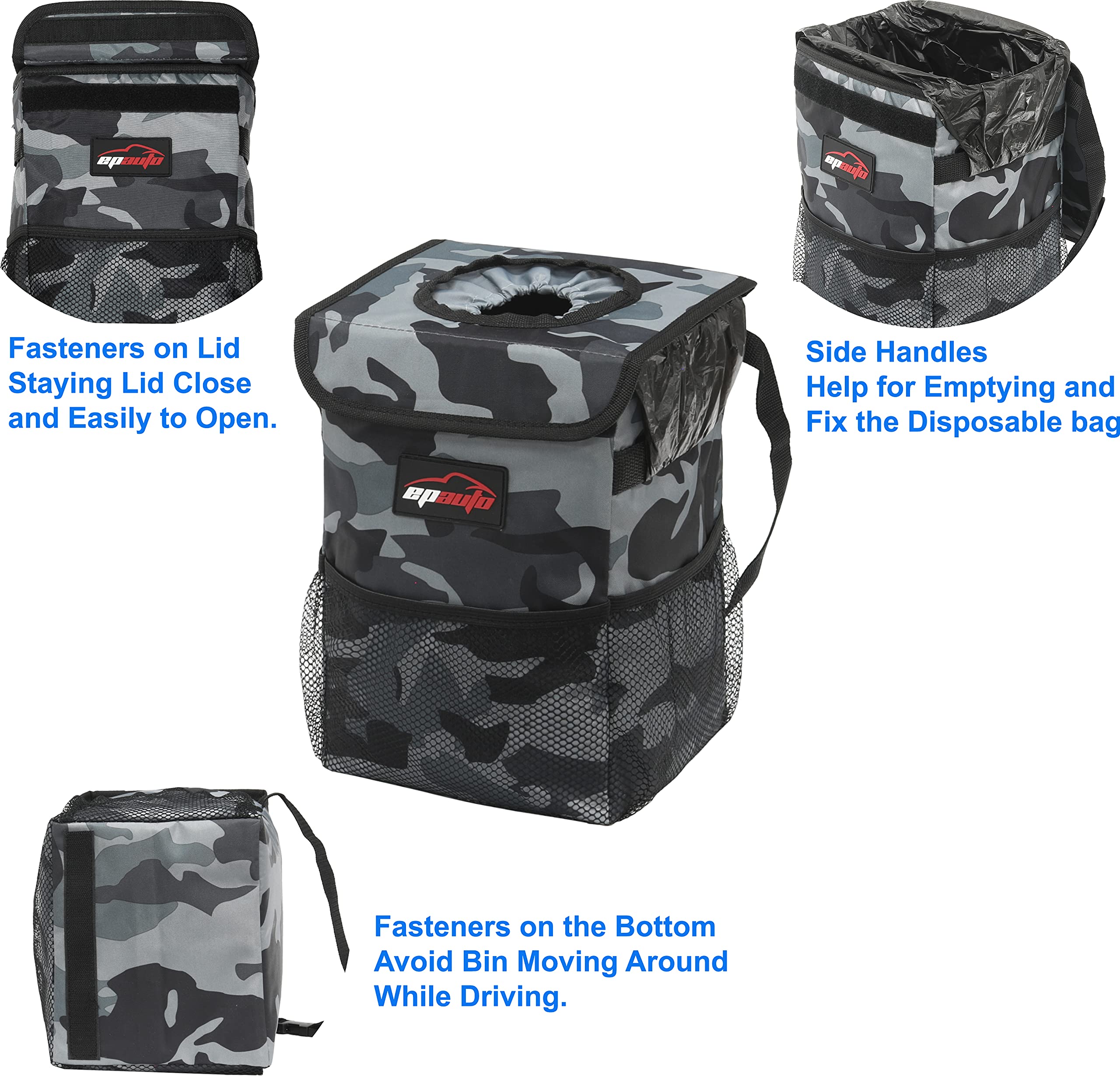 EPAuto Waterproof Car Trash Can with Lid, Storage Pockets, Vinyl-Lined, Camouflage Grey, Model AO-02C-G